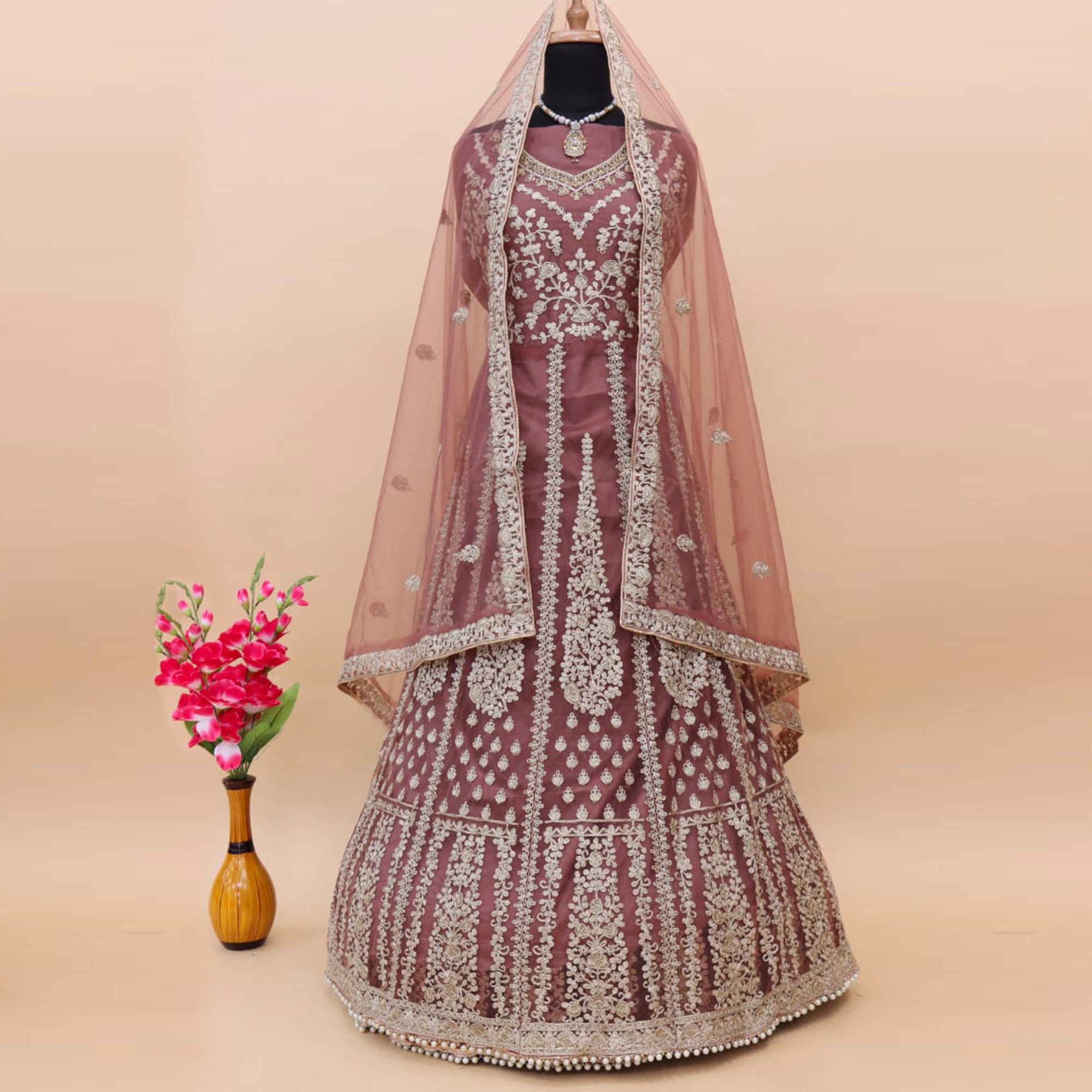 Dusty Pink Floral Embroidered Net Gown