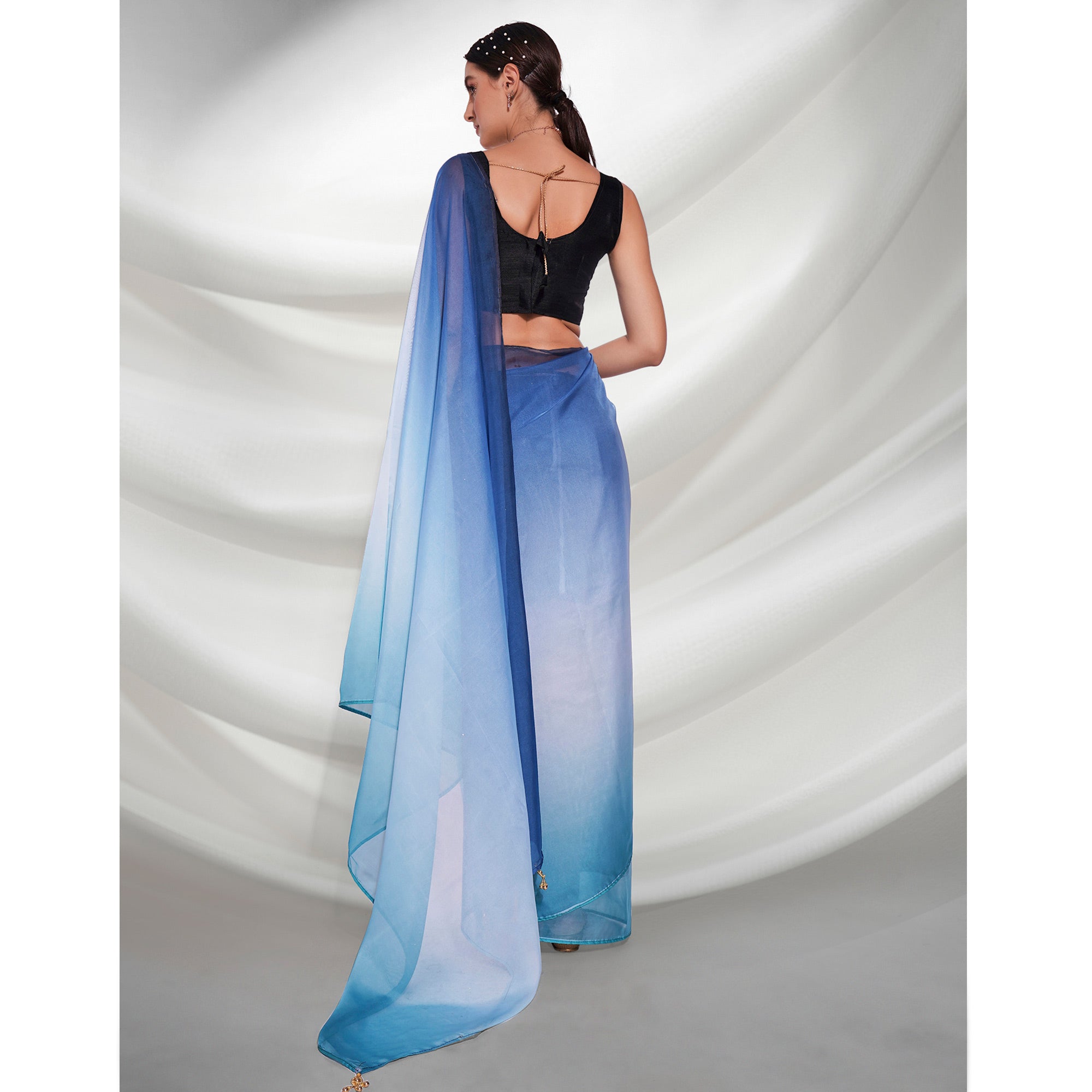 Blue Printed Organza Saree