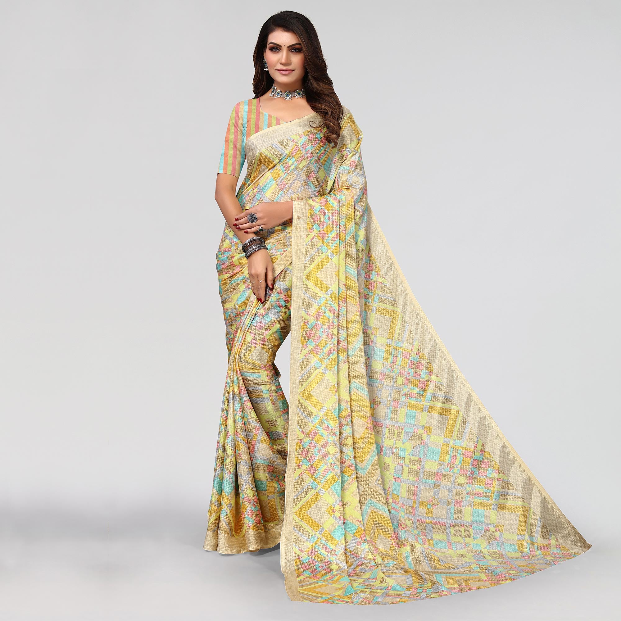 Beige Geometric Printed Chiffon Saree