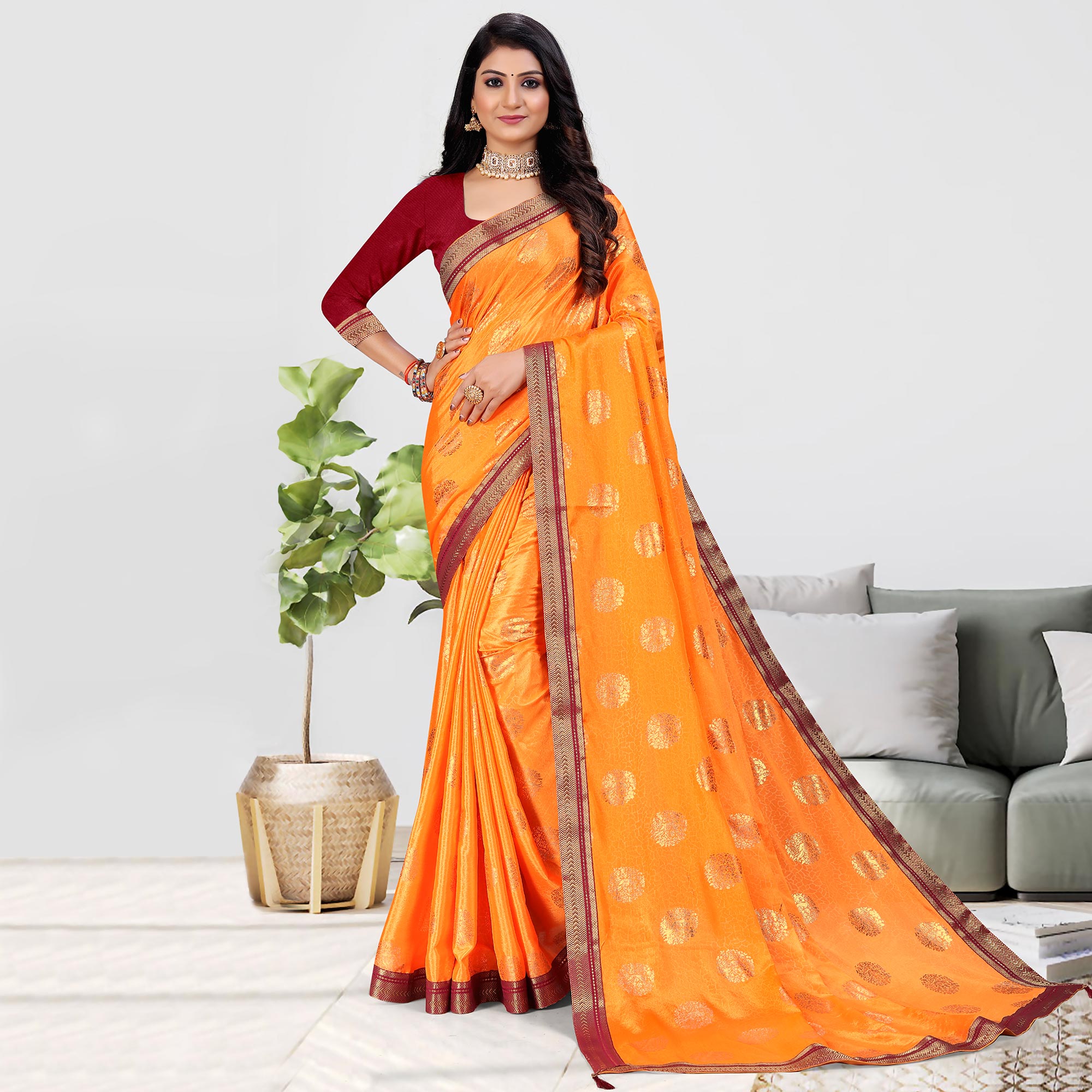 Orange Foil Printed Chiffon Saree