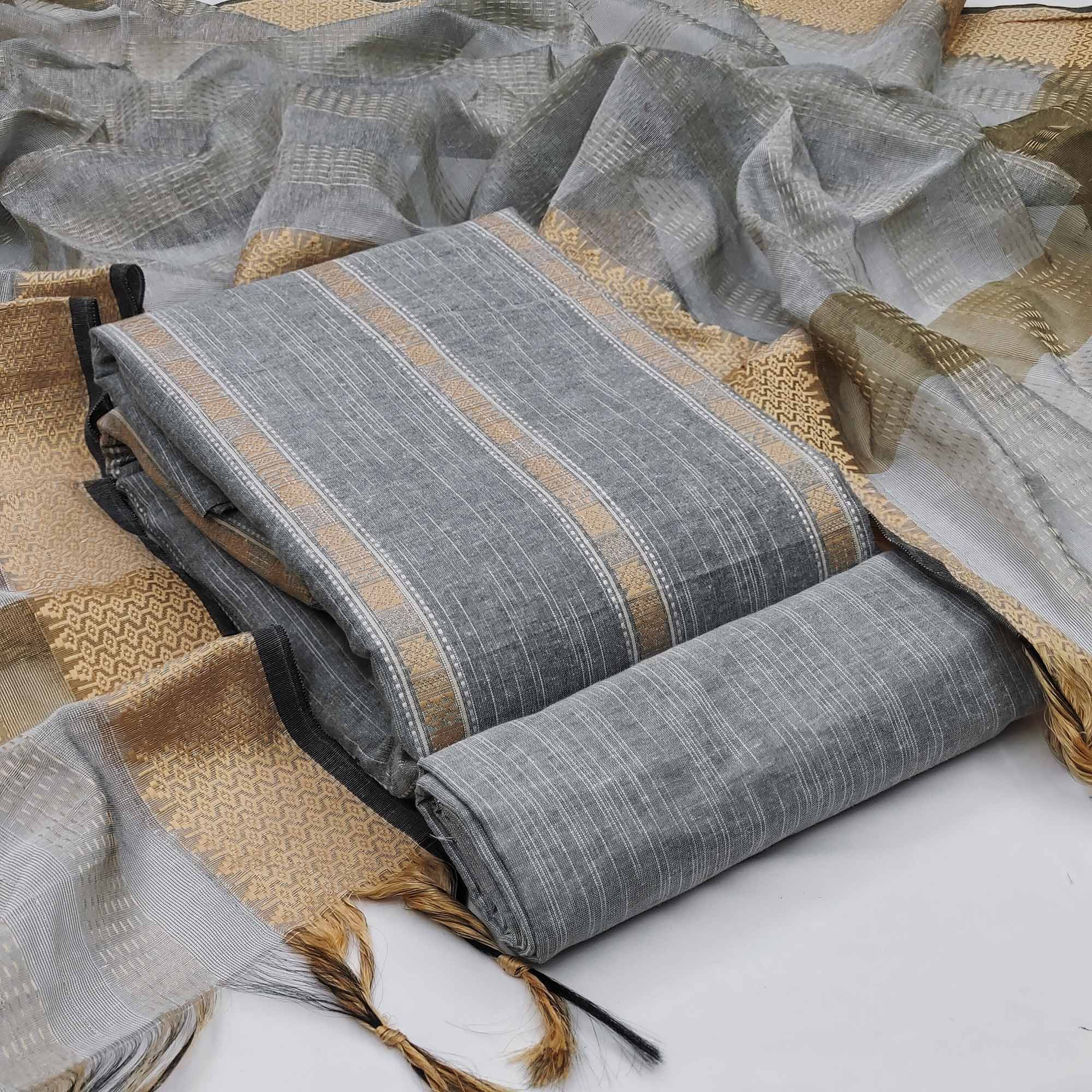 Grey Woven Cotton Blend Dress Material