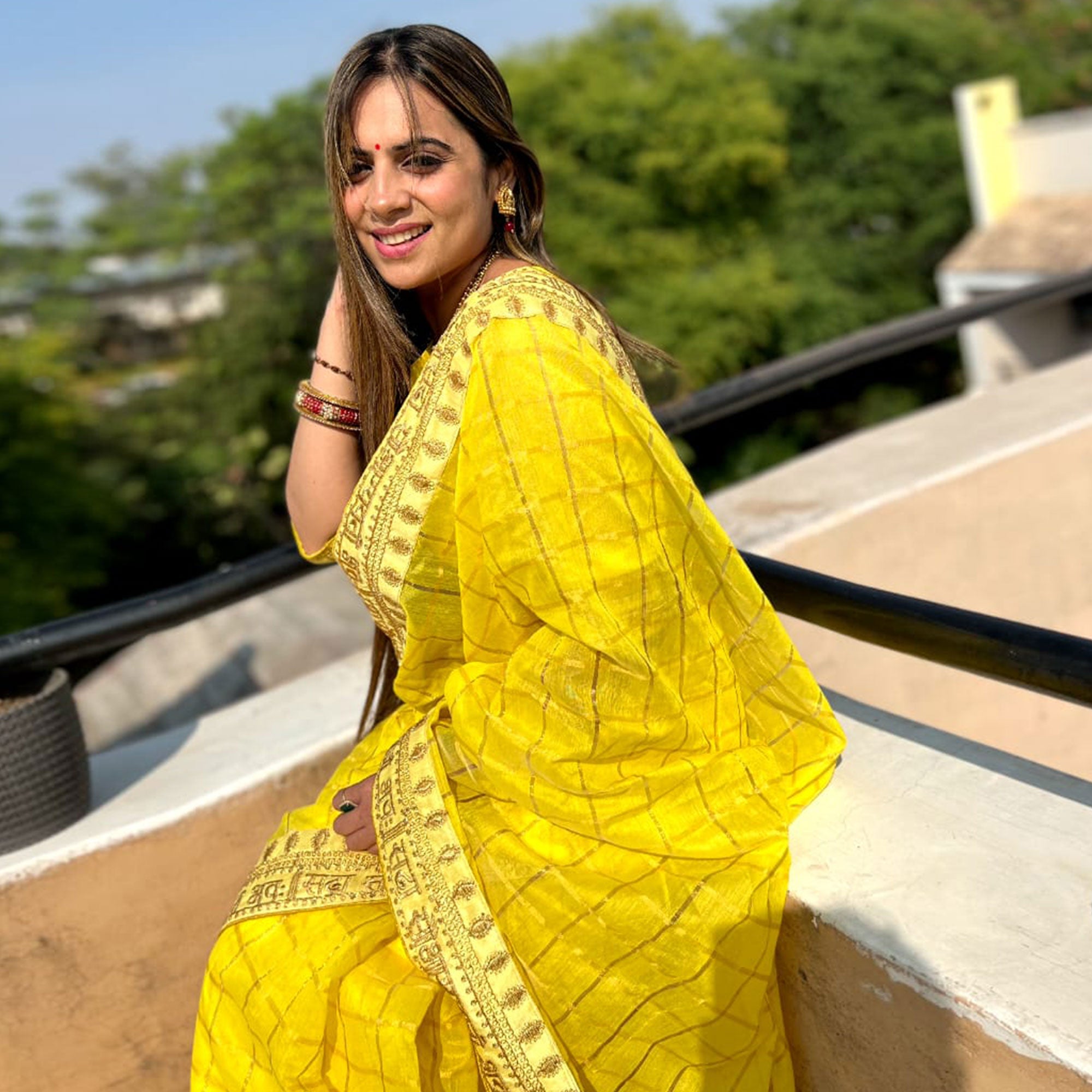 Lemon Yellow Checks With Embroidered Border Modal Saree