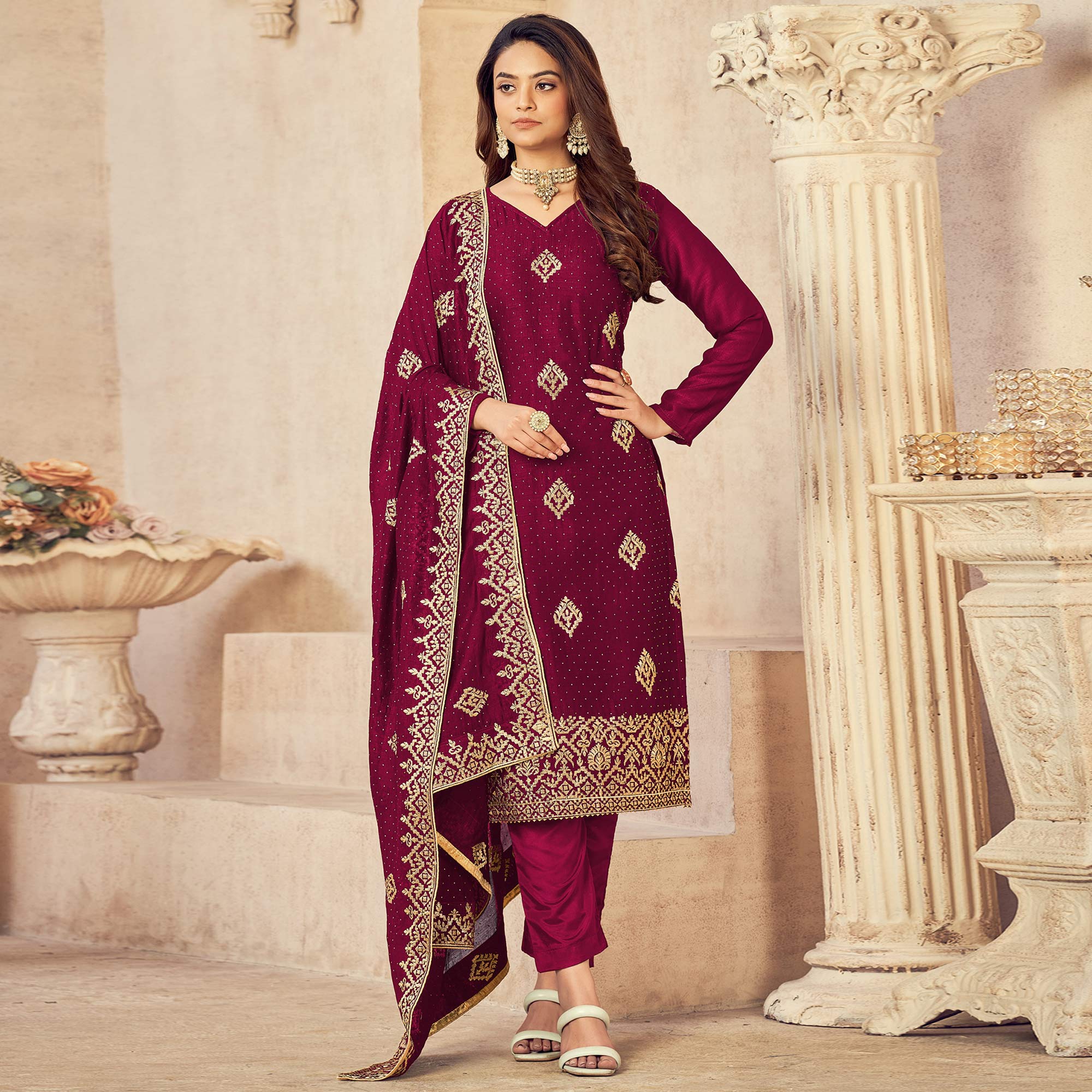 Wine Embroidered Vichitra Silk Suit