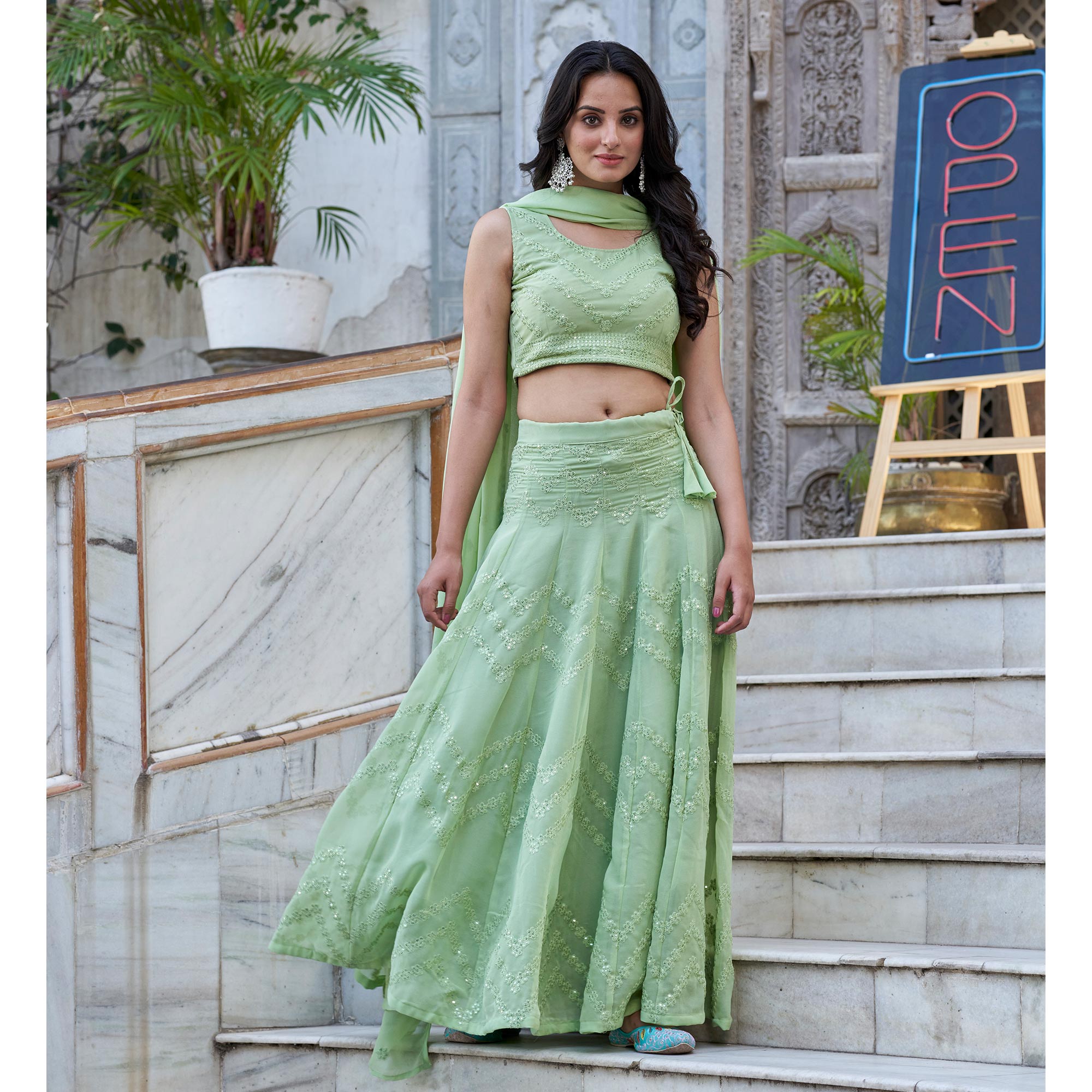 Green Sequins Embroidered Viscose Georgette Lehenga Choli