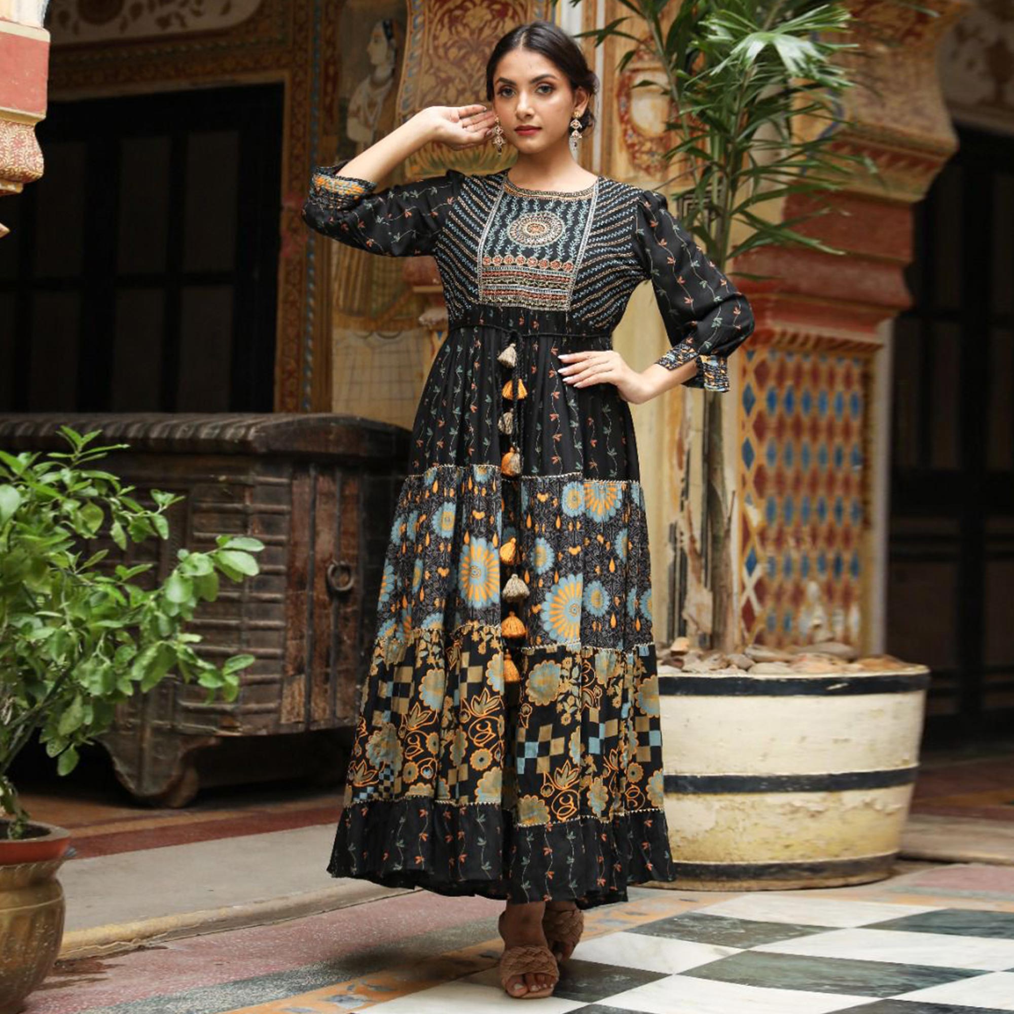 Black Floral Printed With Gota Patti Work Rayon Gown