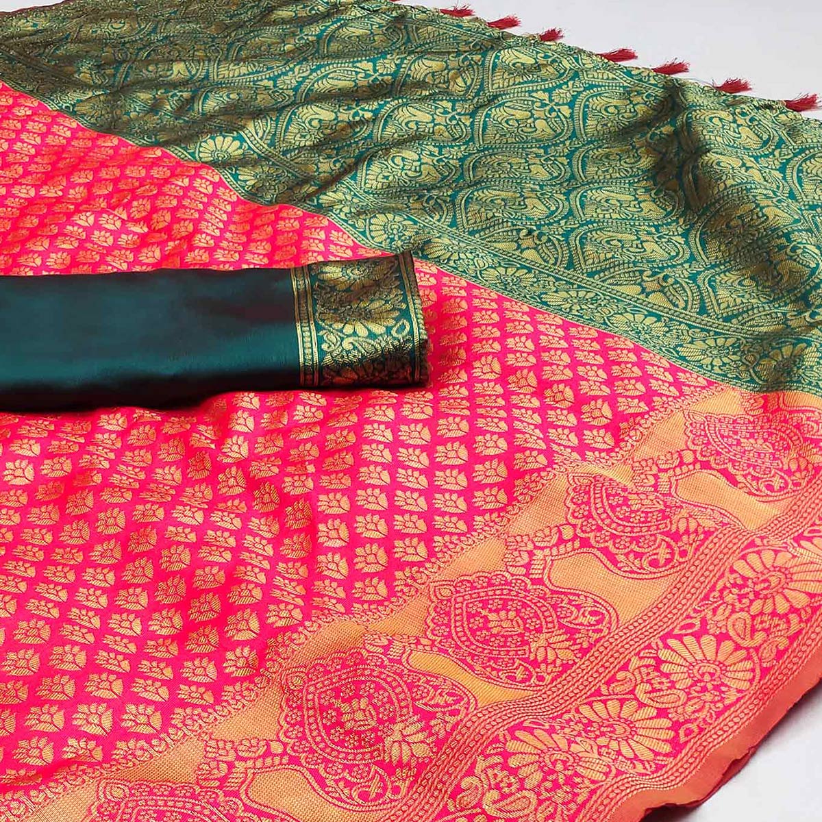 Pink Woven Banarasi Silk Saree With Tassels