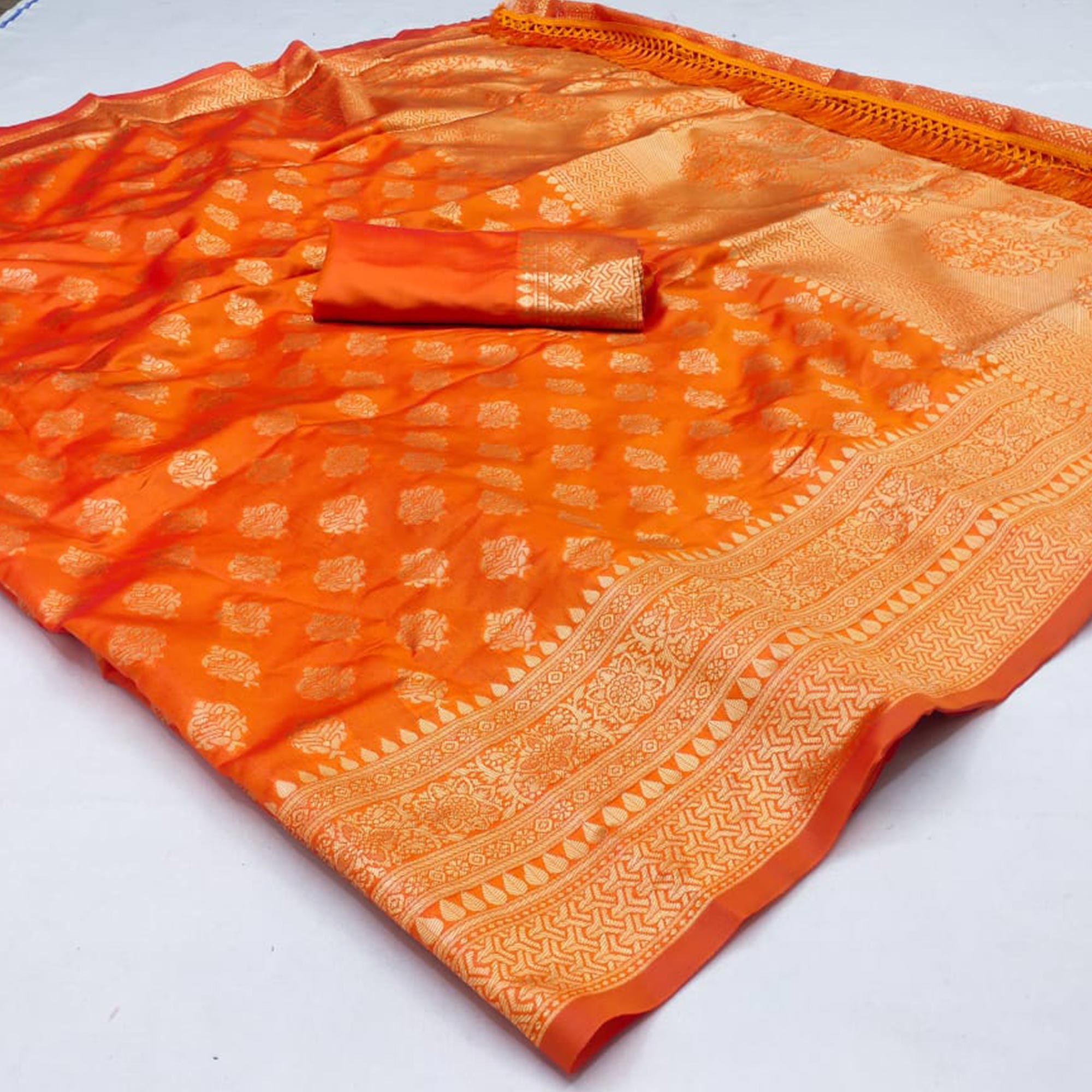 Orange Woven Jacquard Saree With Tassels