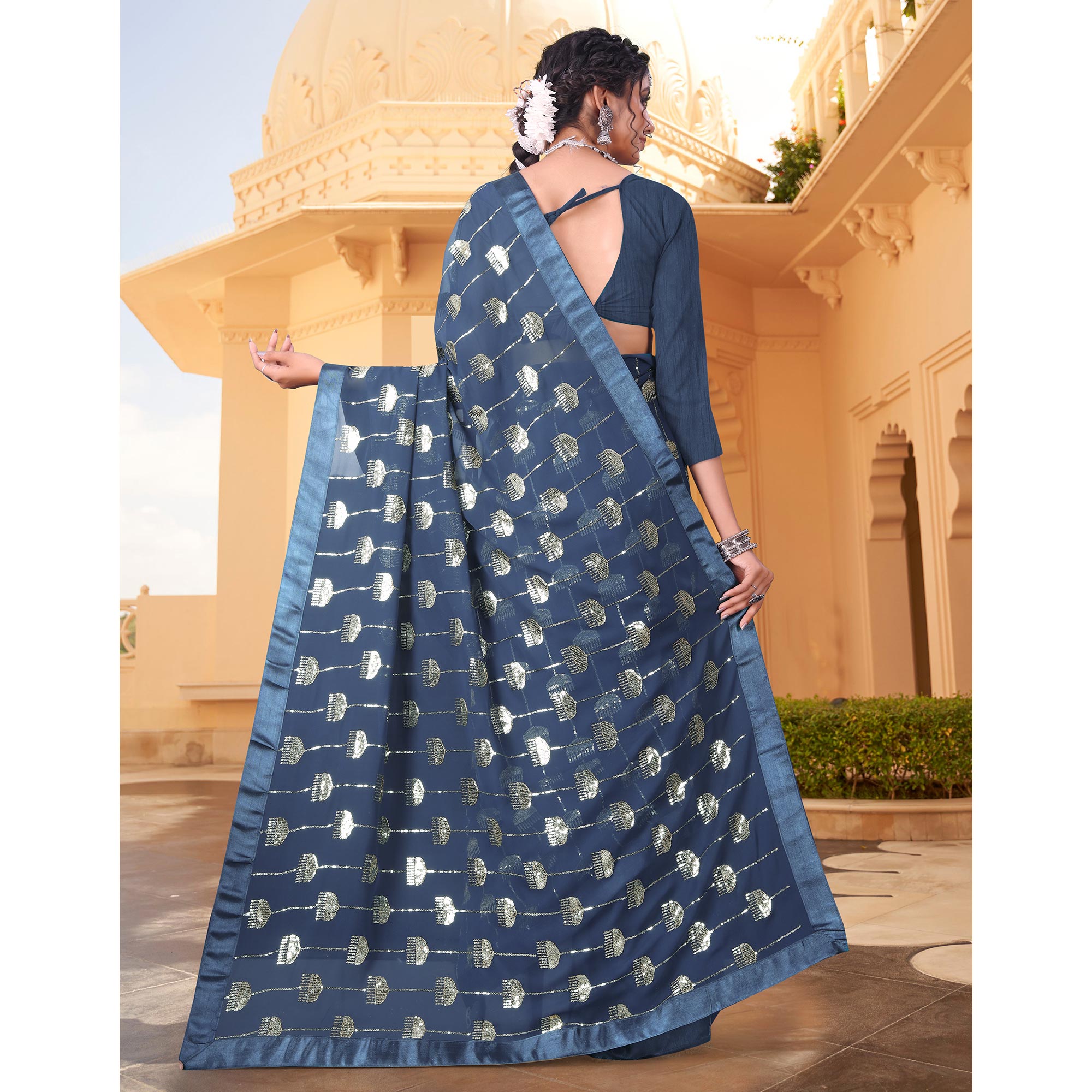 Blue Sequins Embroidered Georgette Saree