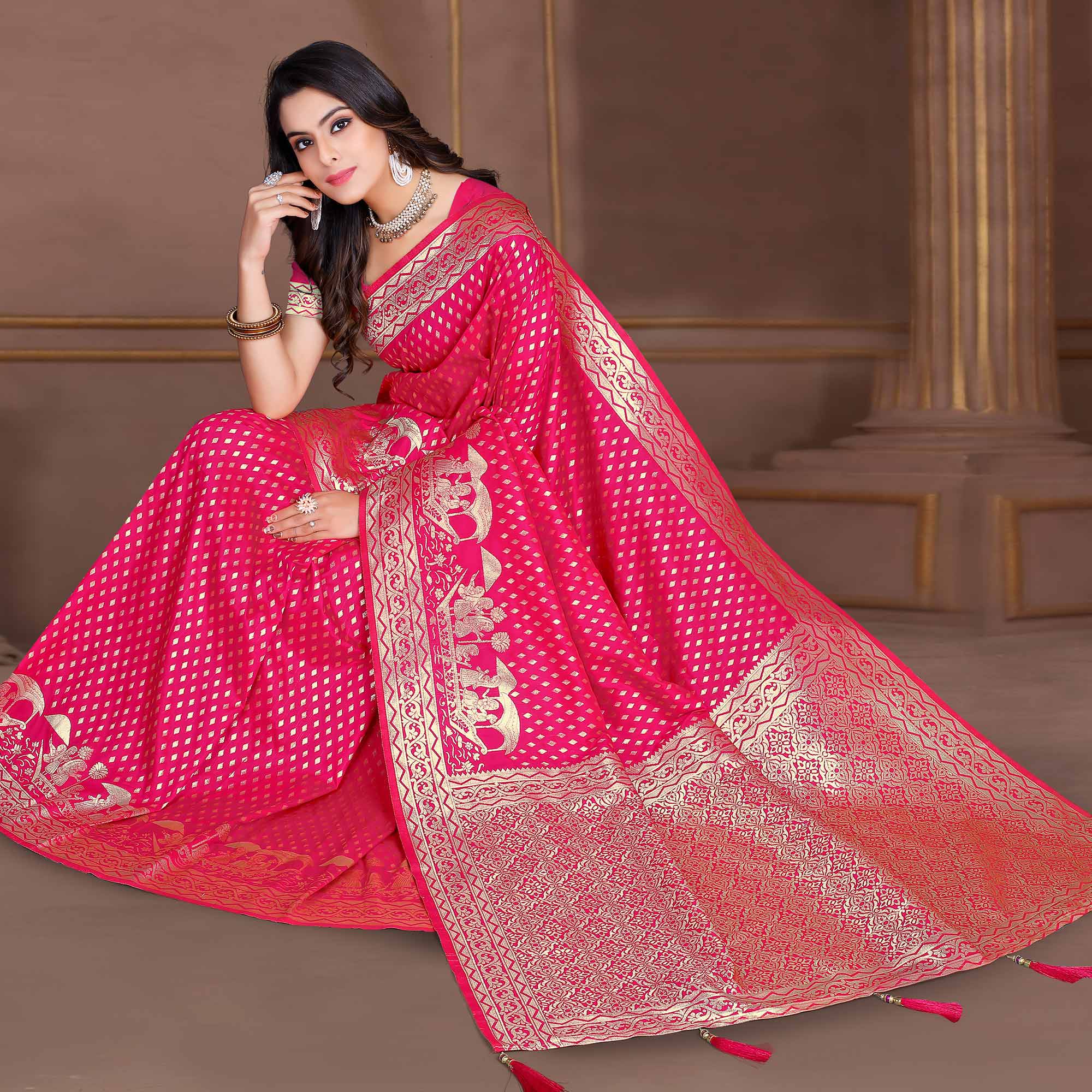 Rani Pink Woven Banarasi Silk Saree With Tassels