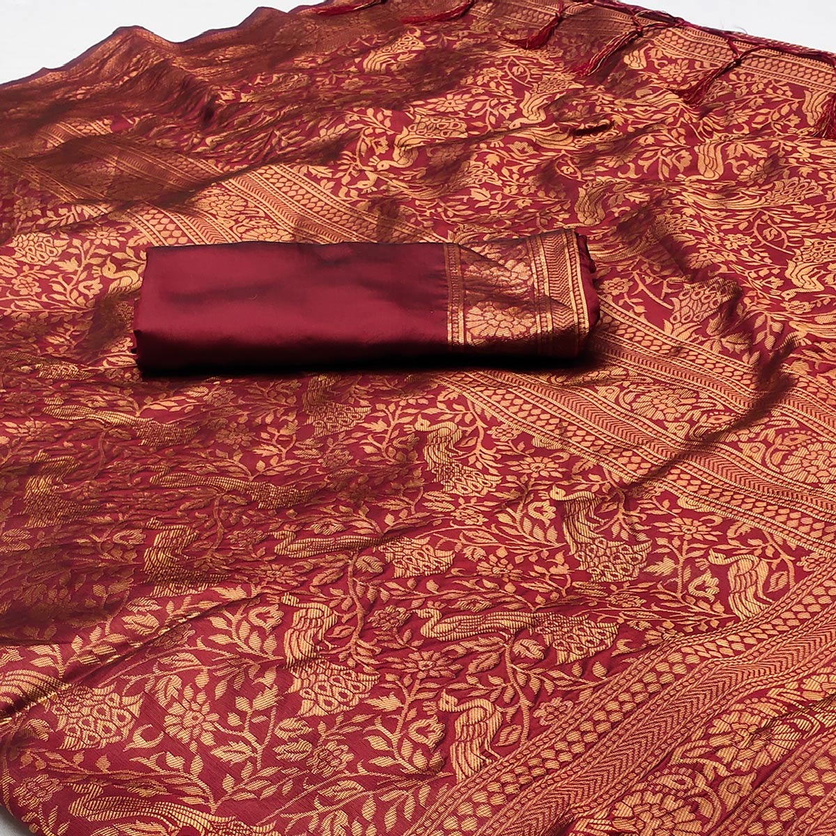 Maroon Woven Art Silk Saree With Tassels