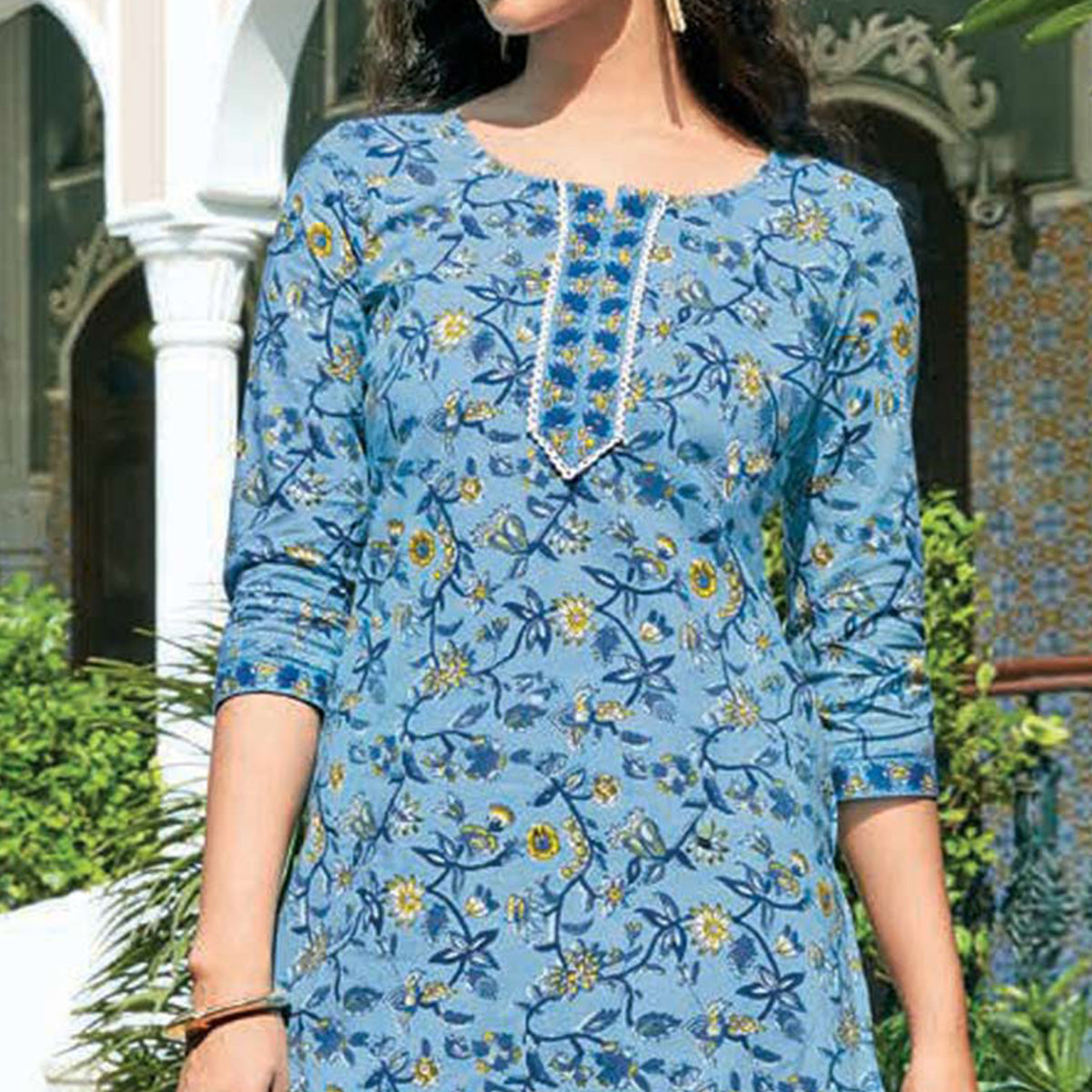 Light Blue Floral Printed Cotton Blend Kurti