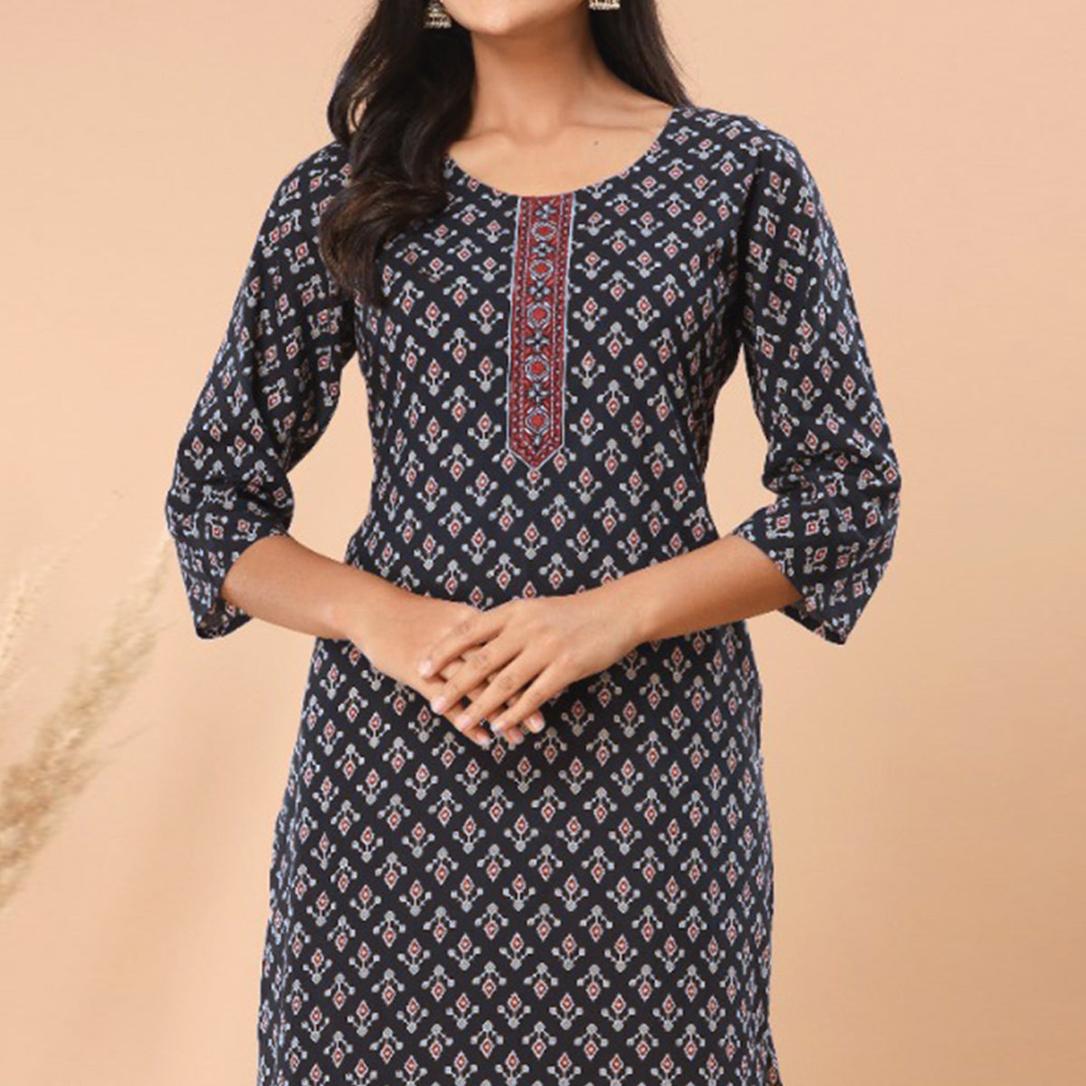 Black Floral Printed Pure Cotton Kurti