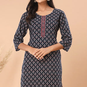 Black Floral Printed Pure Cotton Kurti