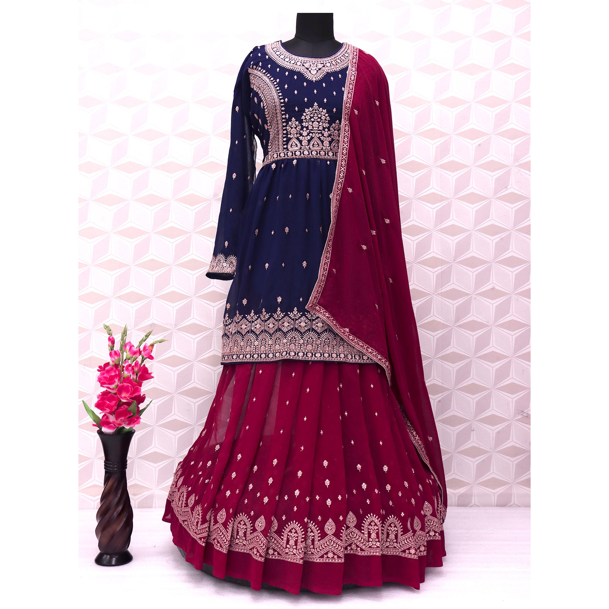 Navy Blue Floral Embroidered Georgette Sharara Suit