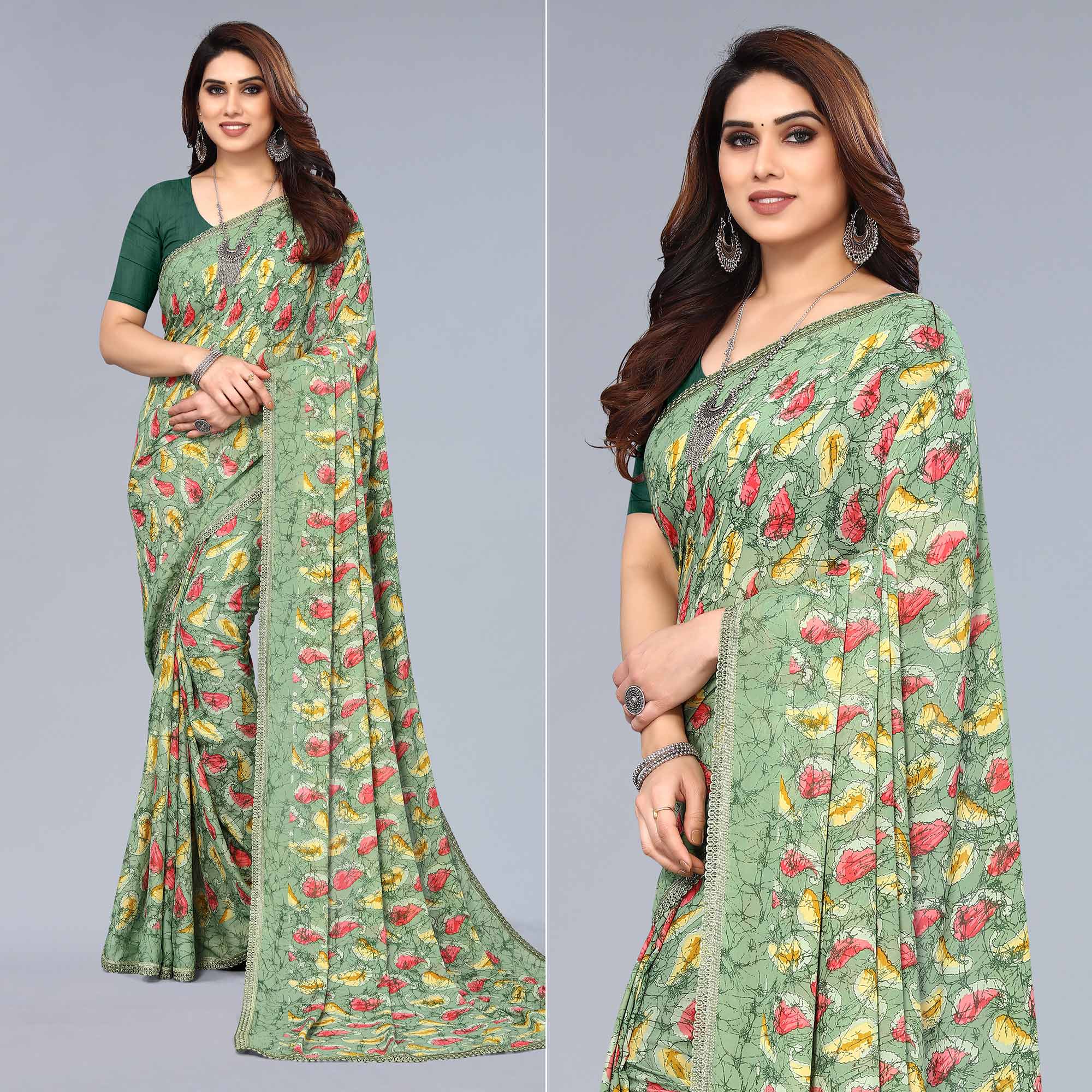 Green Printed Georgette Saree With Crochet Border