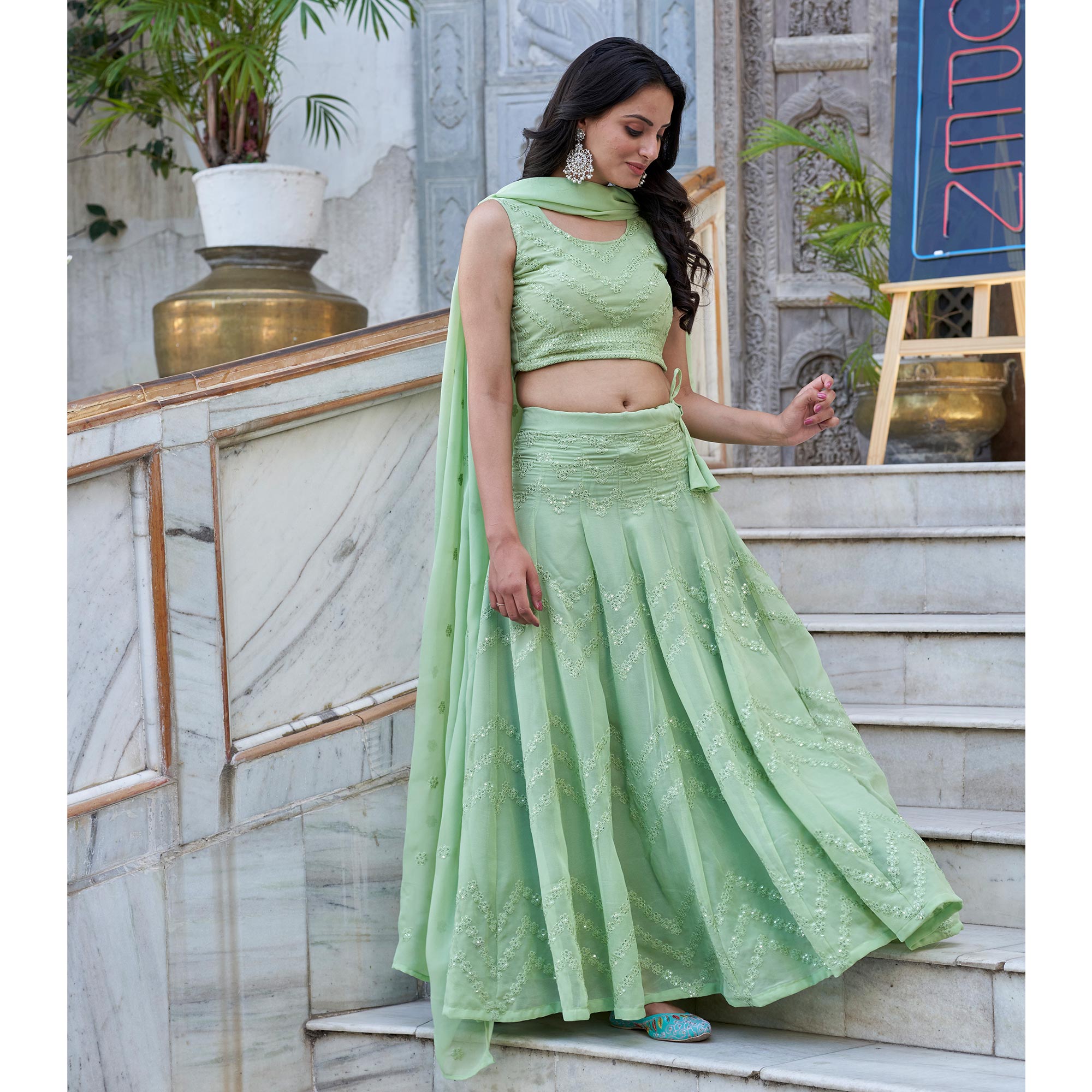 Green Sequins Embroidered Viscose Georgette Lehenga Choli