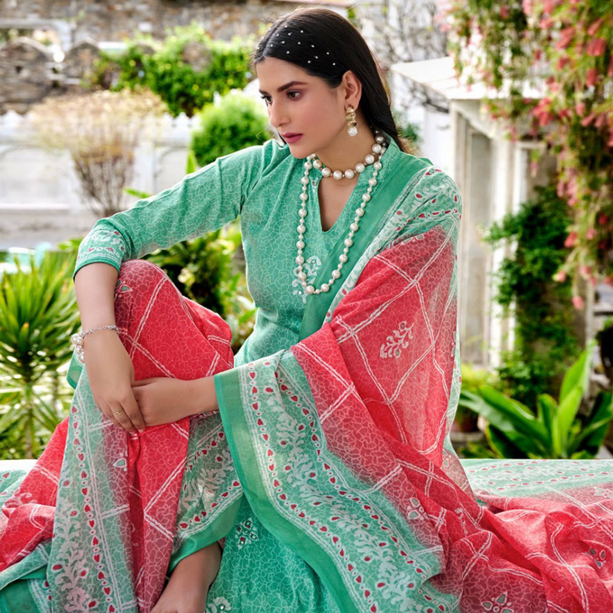 Sea Green Digital Printed With Mirror Work Pure Cotton Suit