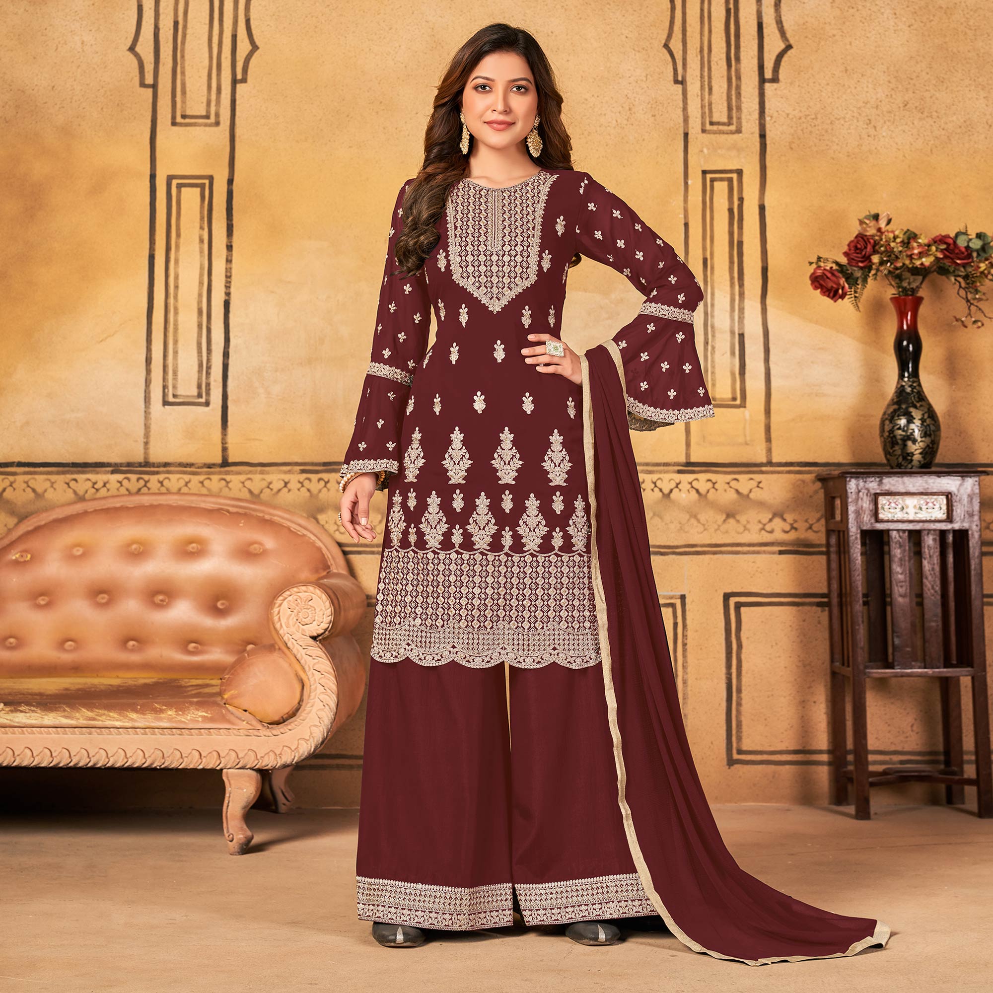 Maroon Floral Embroidered Georgette Palazzo Suit