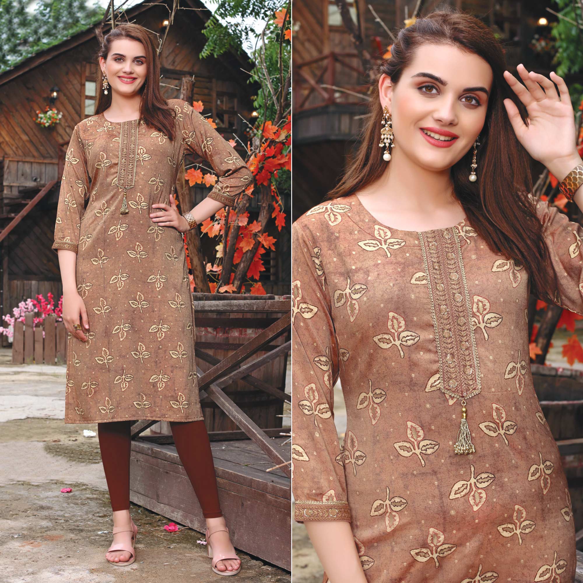 Brown Printed Muslin Kurti