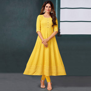 Yellow Chikankari Work Aanarkali Style Rayon Kurti