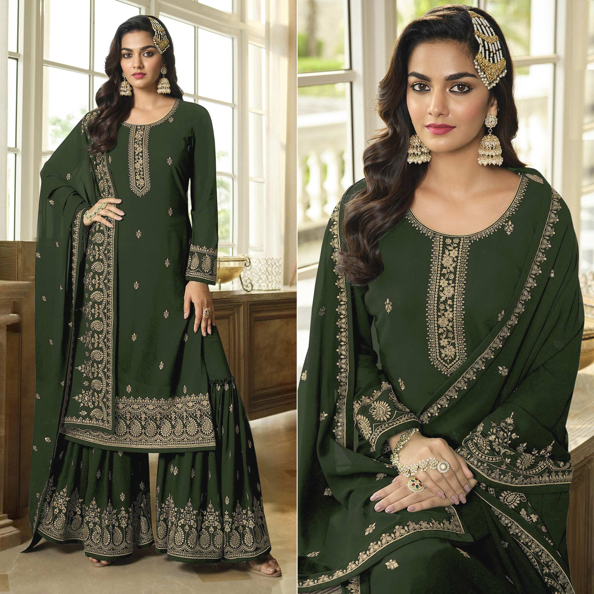 Green Floral Embroidered Georgette Sharara Suit