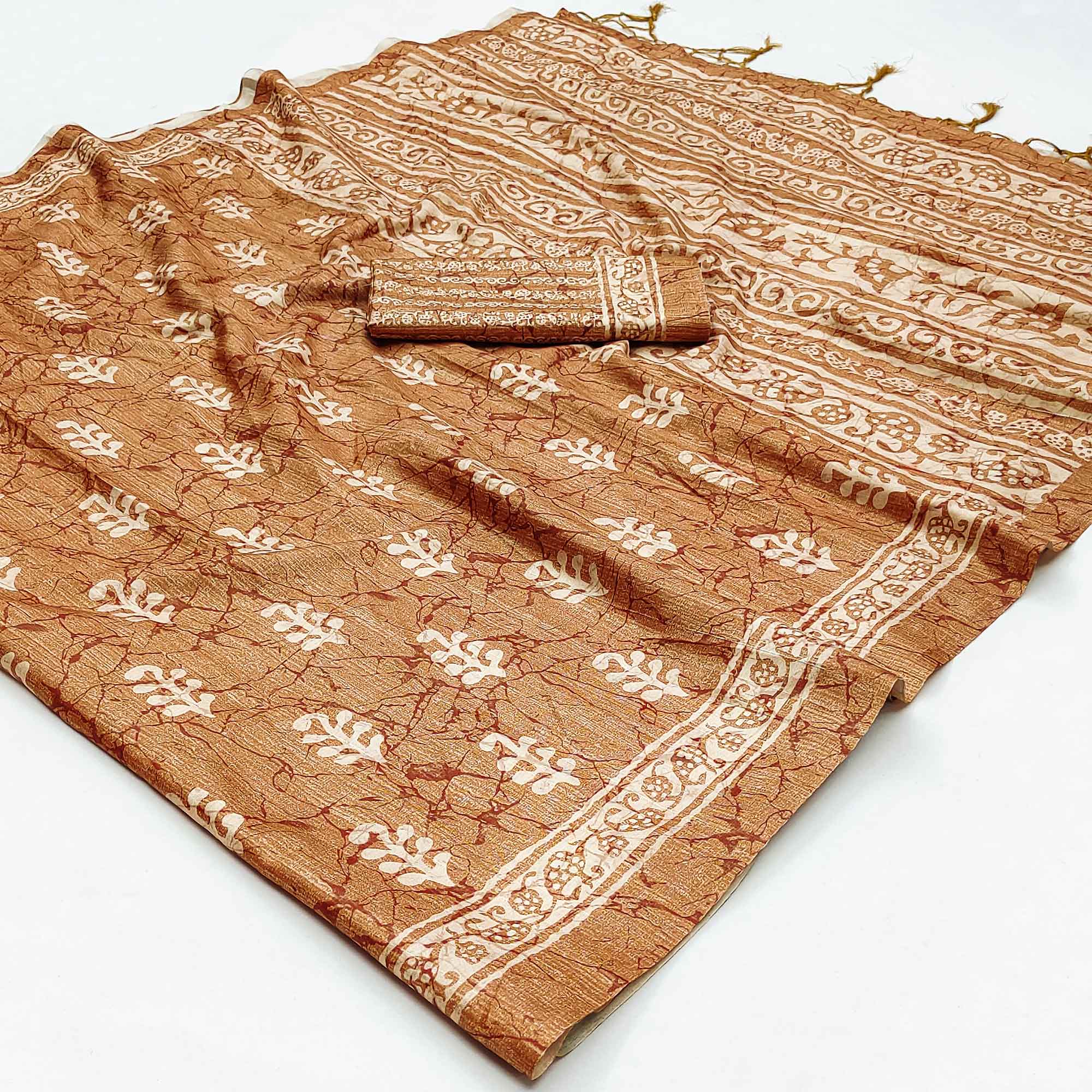 Brown Floral Digital Printed Tussar Silk Saree With Tassels