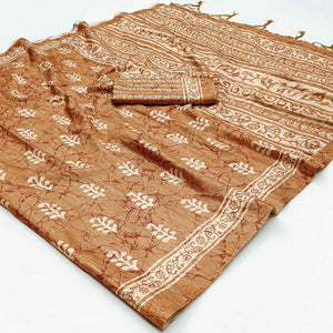 Brown Floral Digital Printed Tussar Silk Saree With Tassels