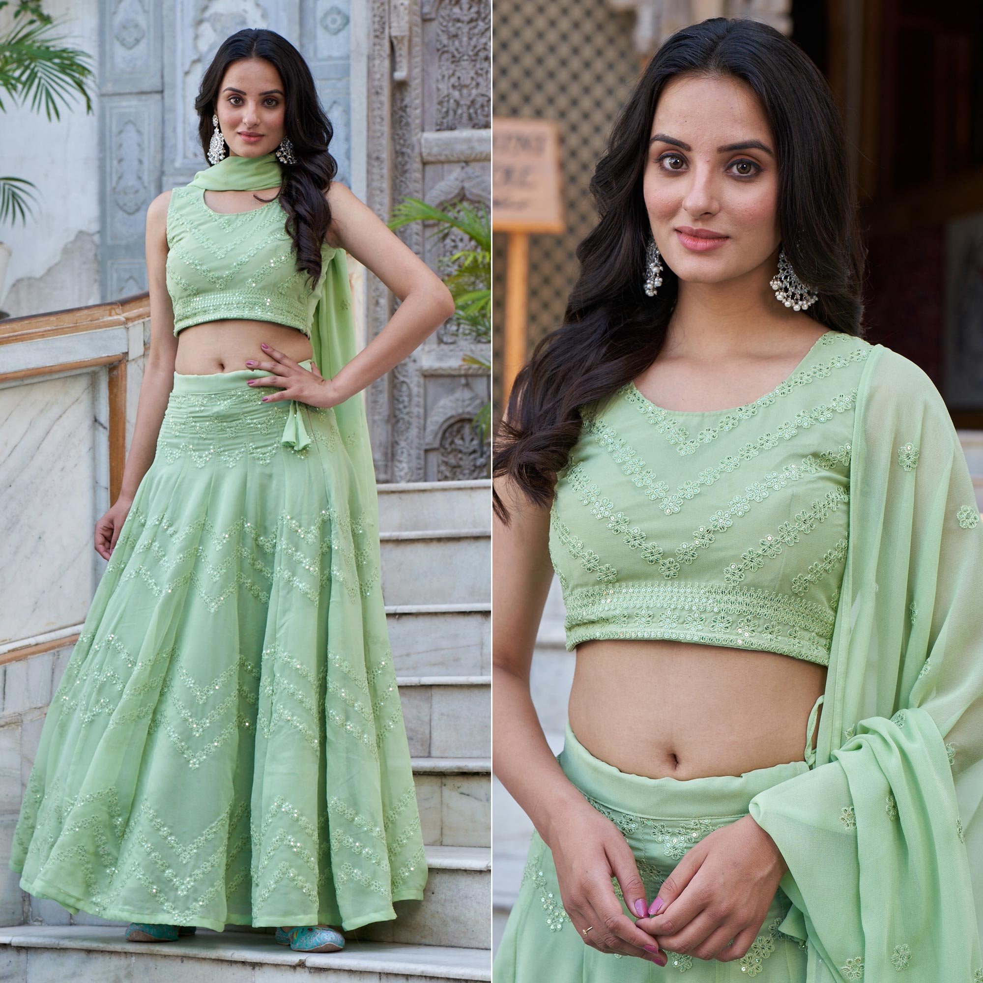 Green Sequins Embroidered Viscose Georgette Lehenga Choli