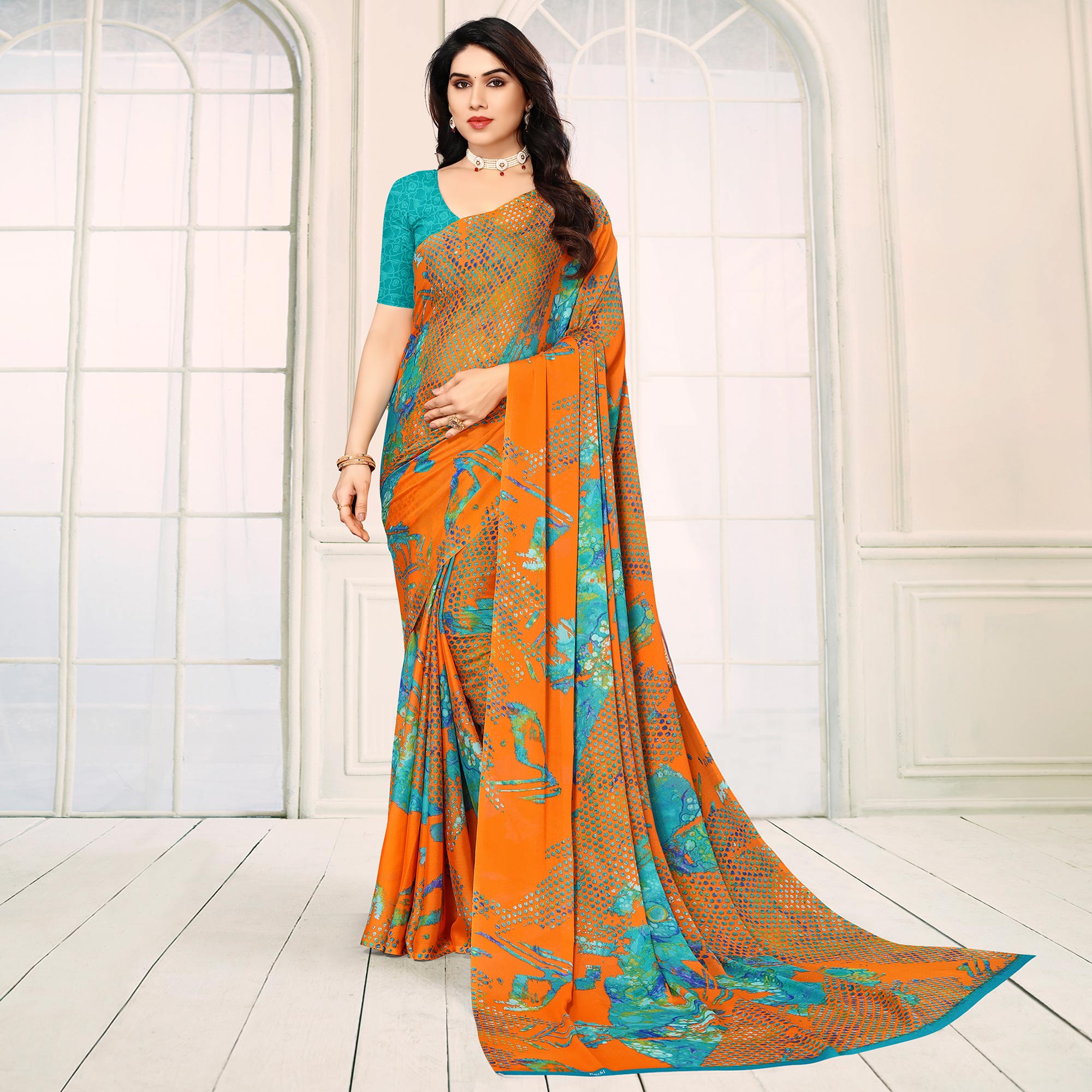 Orange Printed Georgette Saree