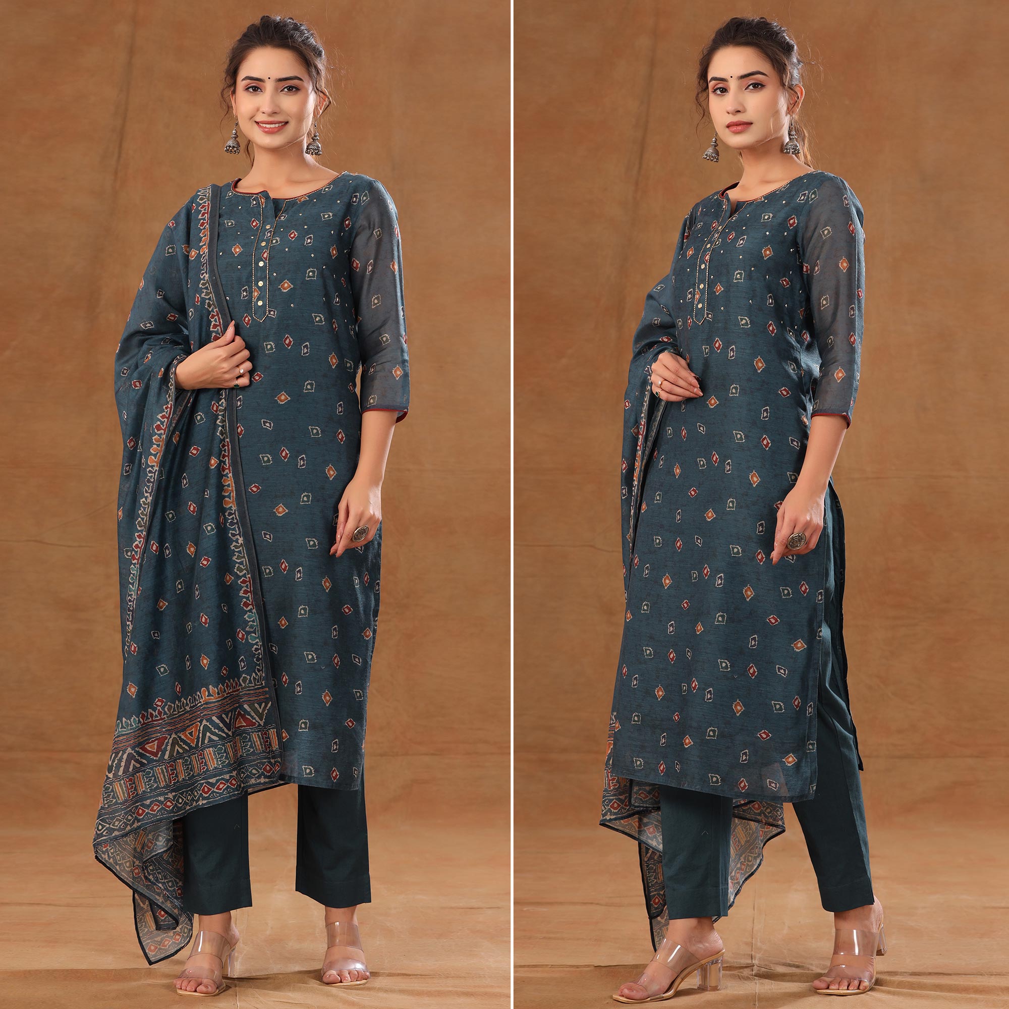 Blue Printed Chanderi Salwar Suit