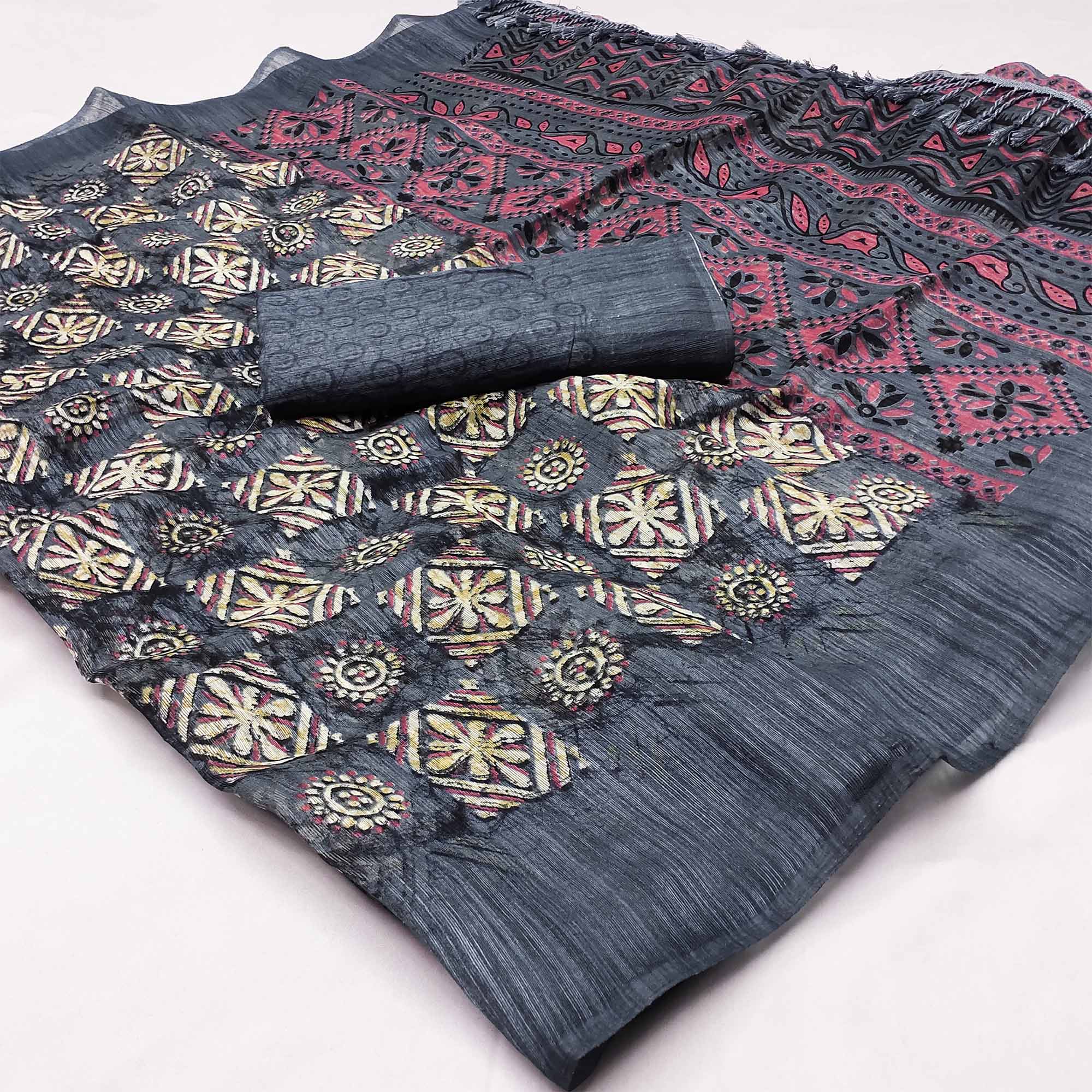 Grey Floral Printed Art Silk Saree