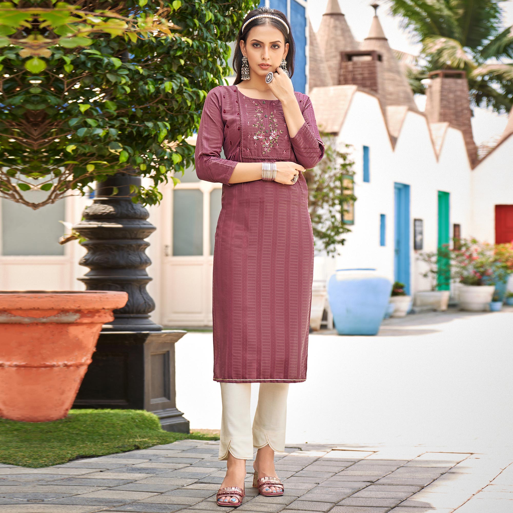 Mauve Embroidered Rayon Kurti