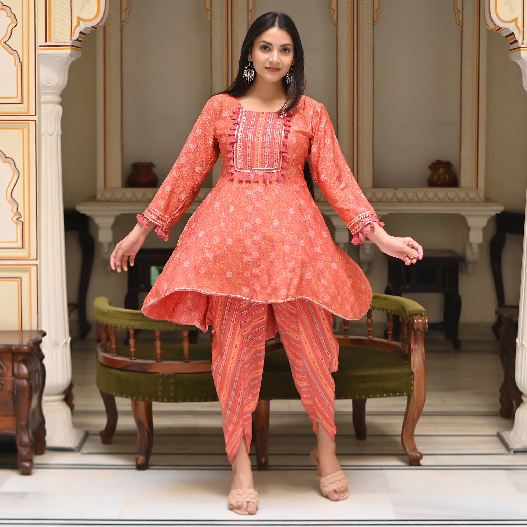 Short Frock Suit Dhoti Salwar With Designer Kurti Peach Printed