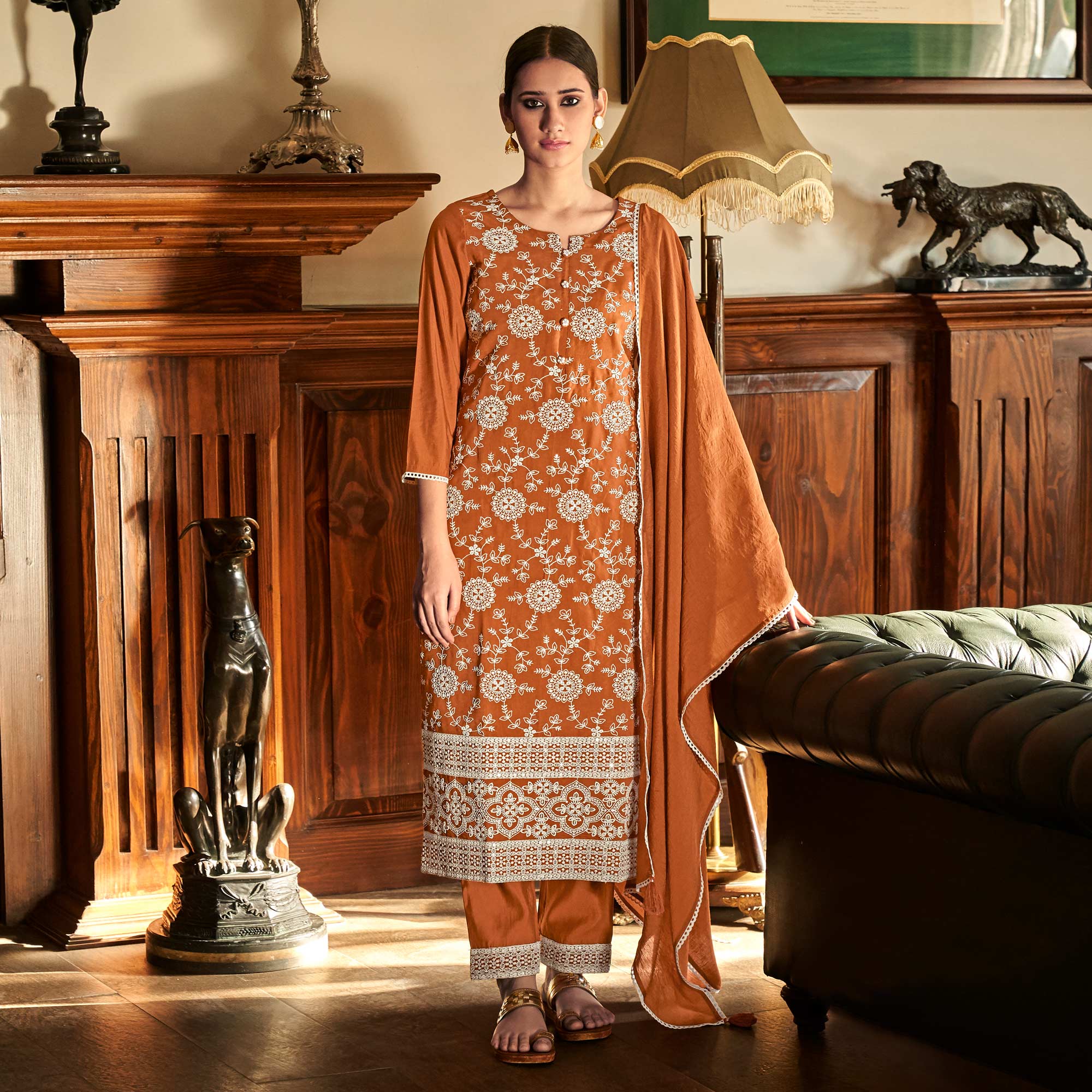 Rust Lucknowi Embroidered Modal Salwar Suit