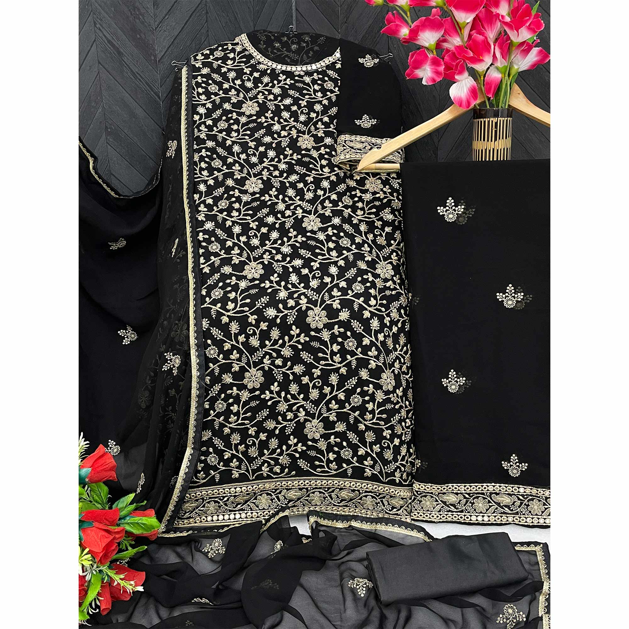 Black Sequins Embroidered Georgette Semi Stitched Sharara Suit