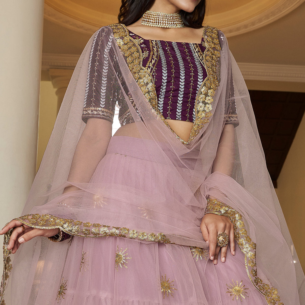 Light Purple Sequins Embroidered Netted Lehenga Choli