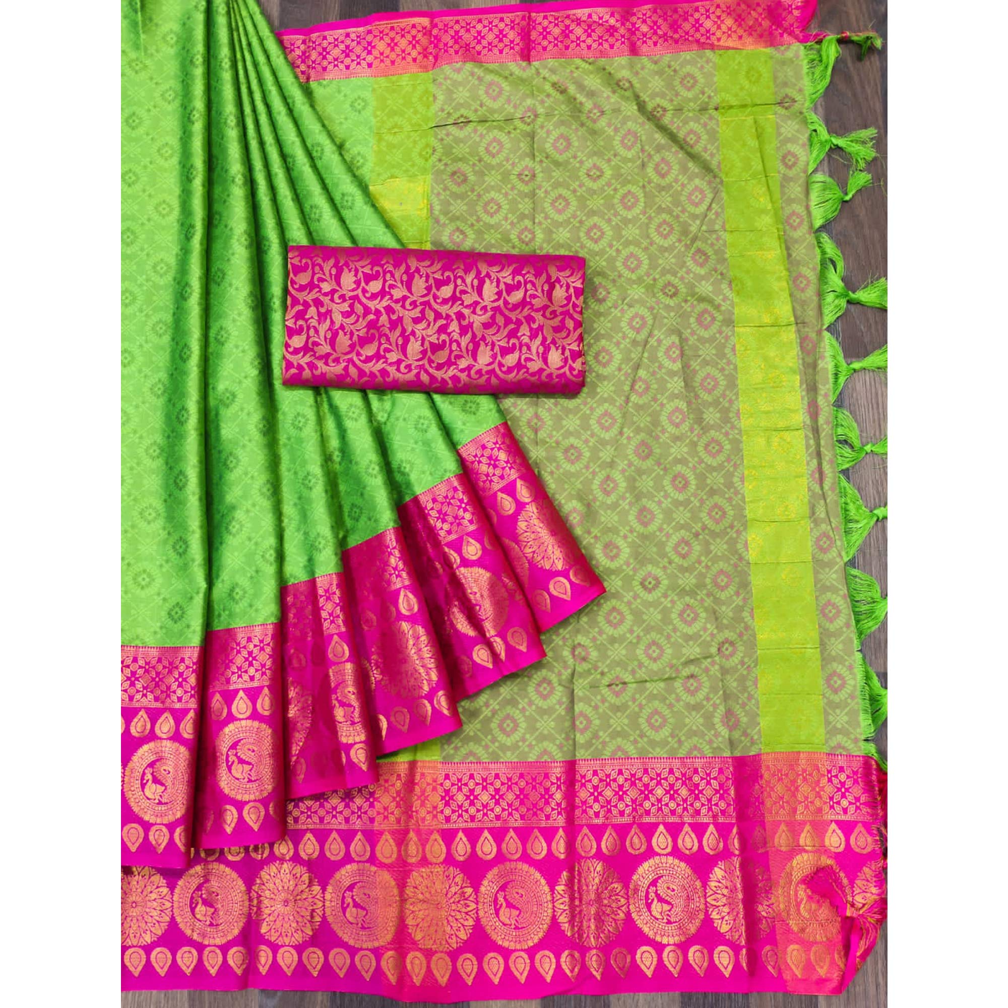 Parrot Green Woven Cotton Silk Saree With Tassels