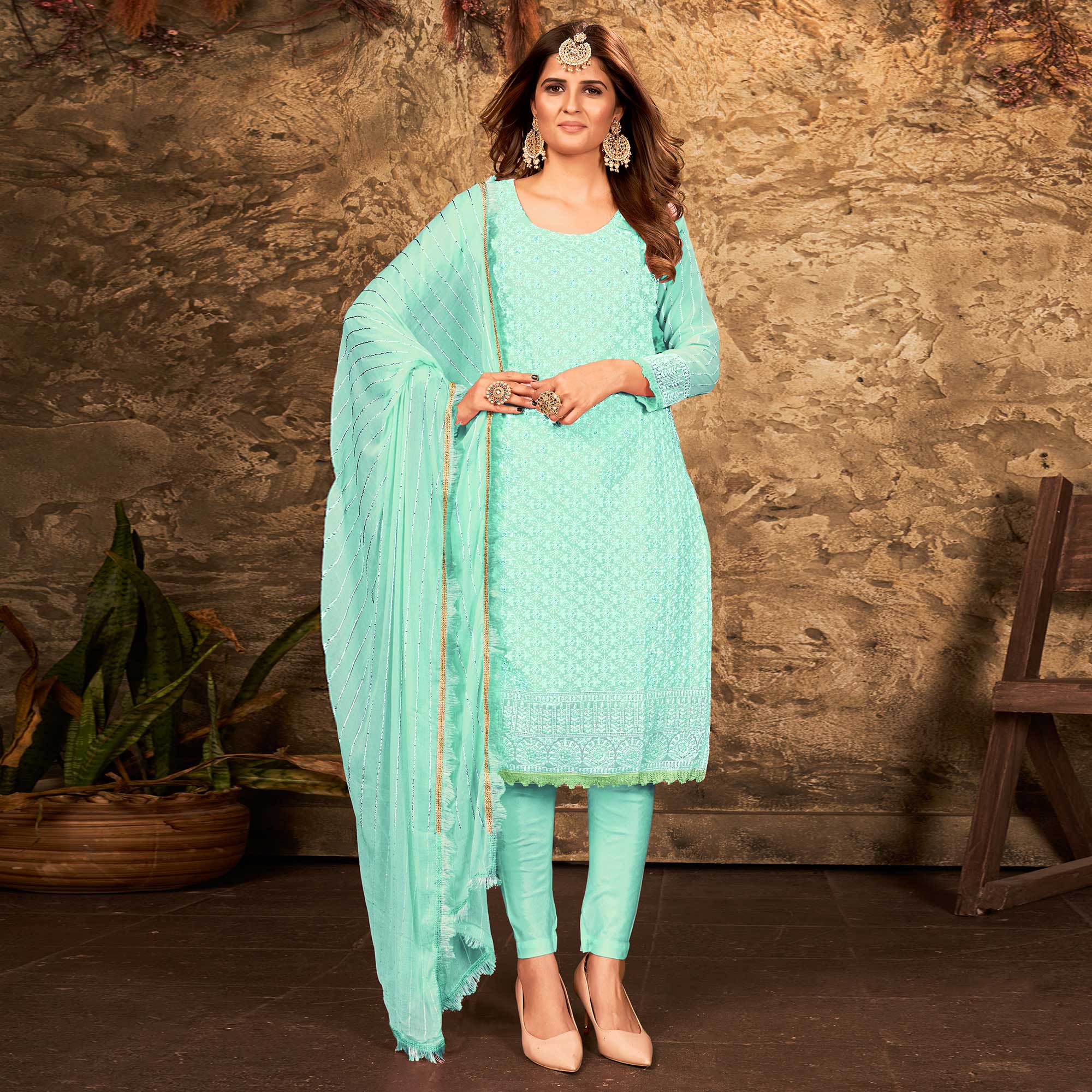 Sea Green Floral Sequins Embroidered Georgette Suit