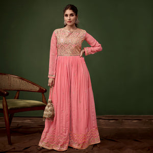 Pink Sequins With Mirror Embroidered Georgette Jumpsuit