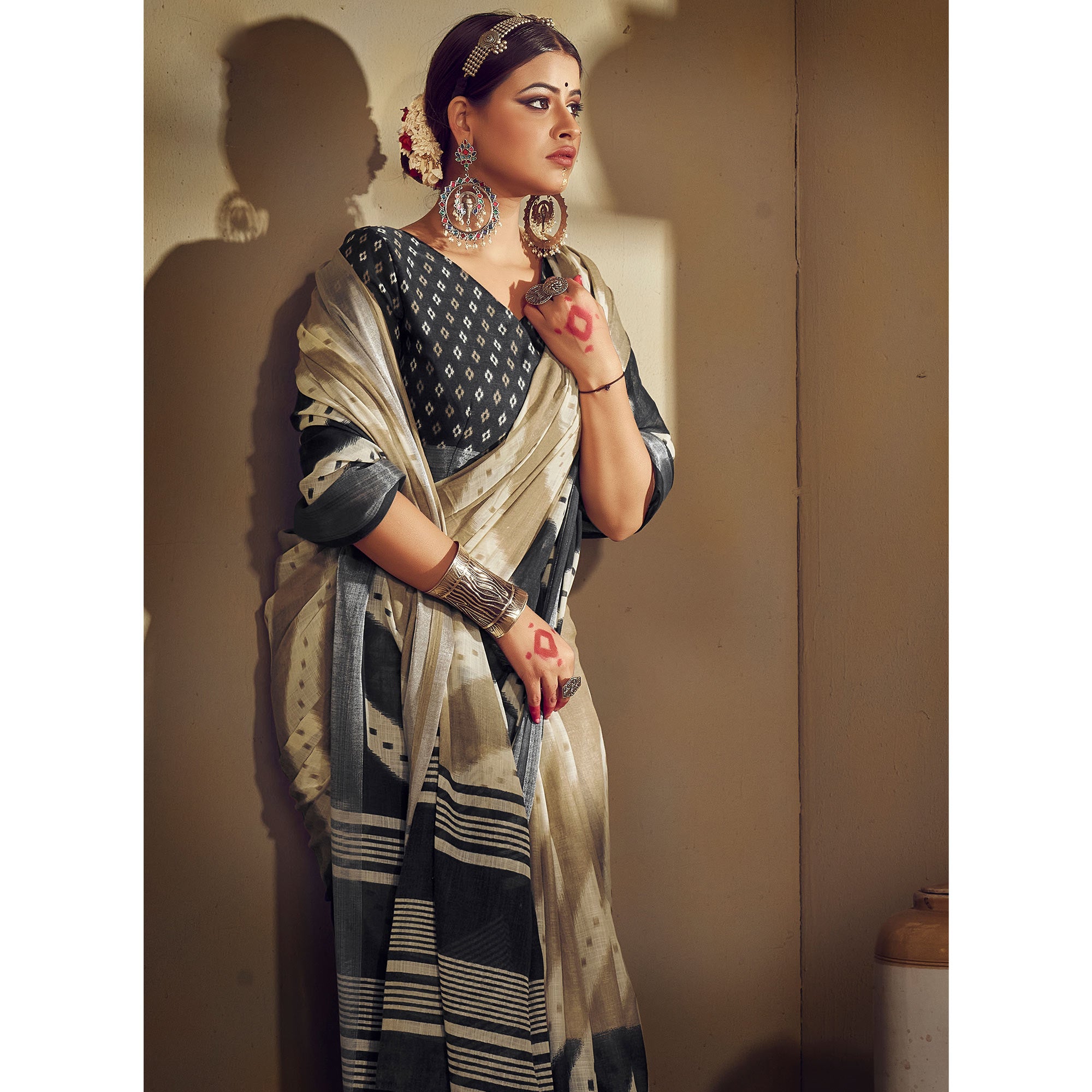 Brown & Black Printed With Zari Border Linen Saree