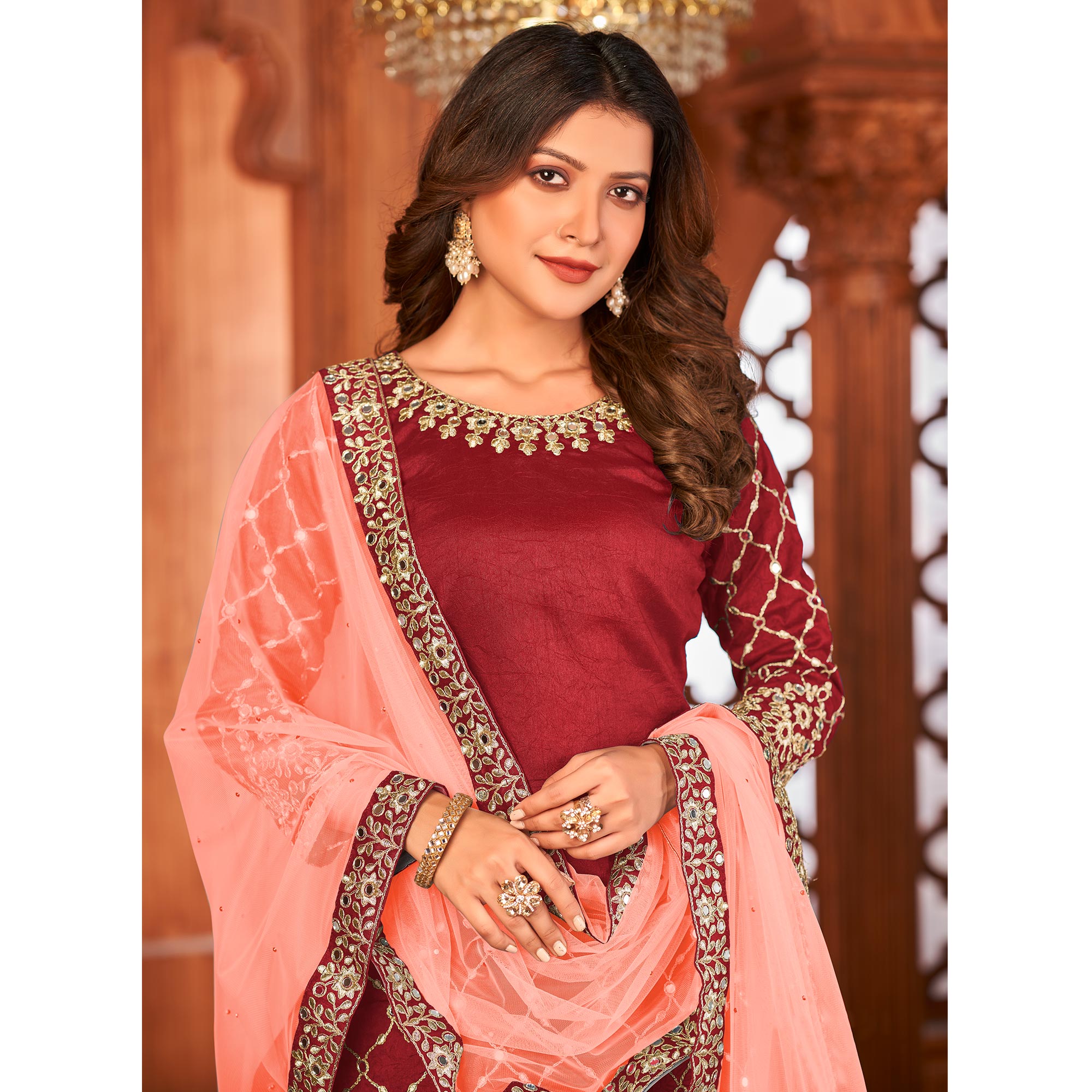 Red Embroidered Art Silk Patiala Suit