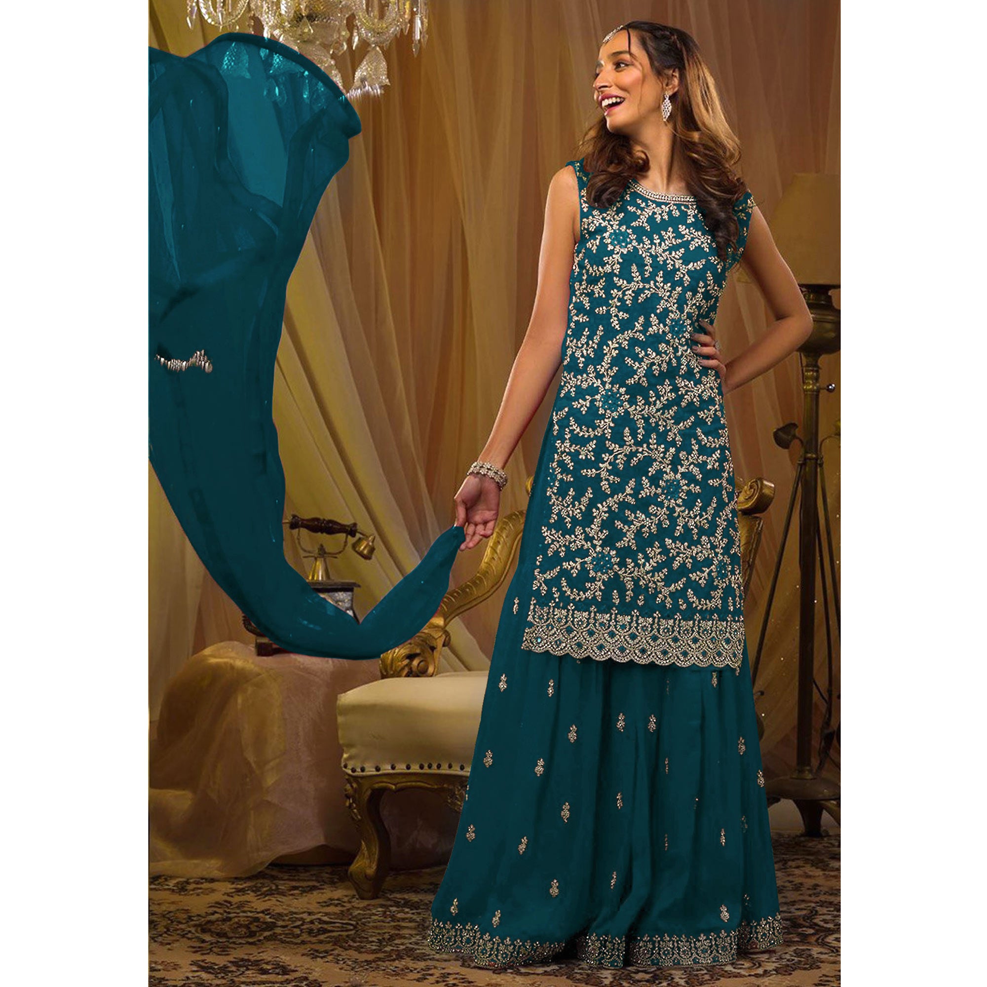 Teal Blue Floral Embroidered Georgette Semi Stitched Sharara Suit