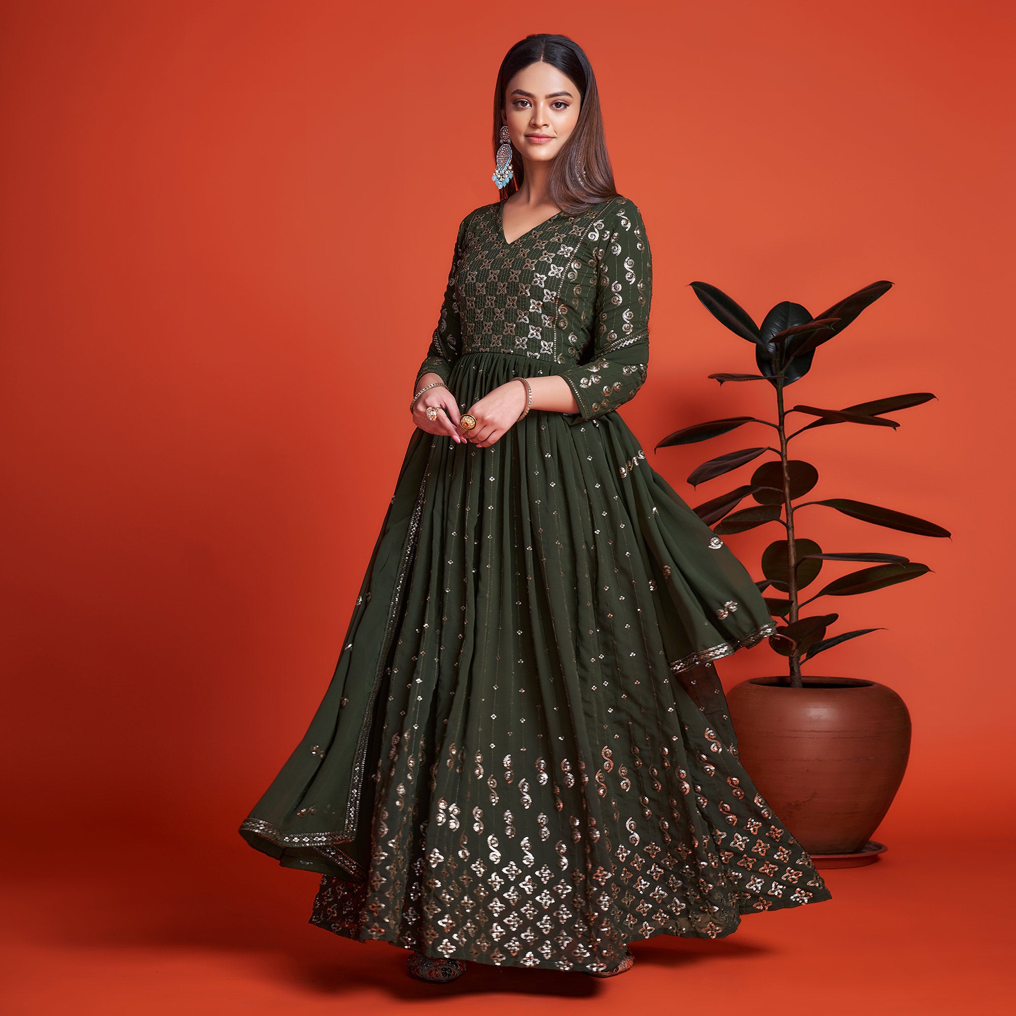 Mehendi Green Sequins Embroidered Georgette Gown With Dupatta