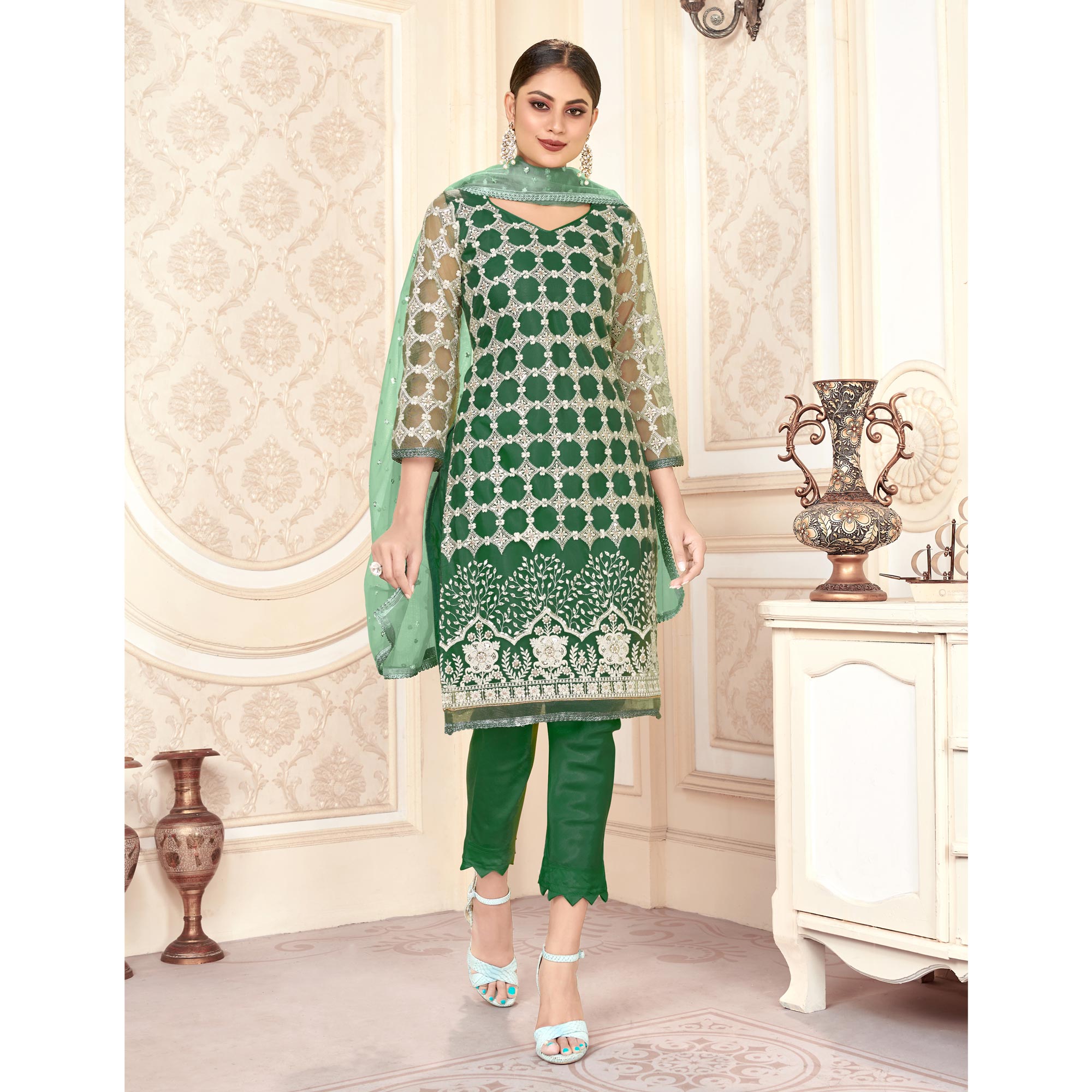 Green Sequins Embroidered Net Semi Stitched Suit