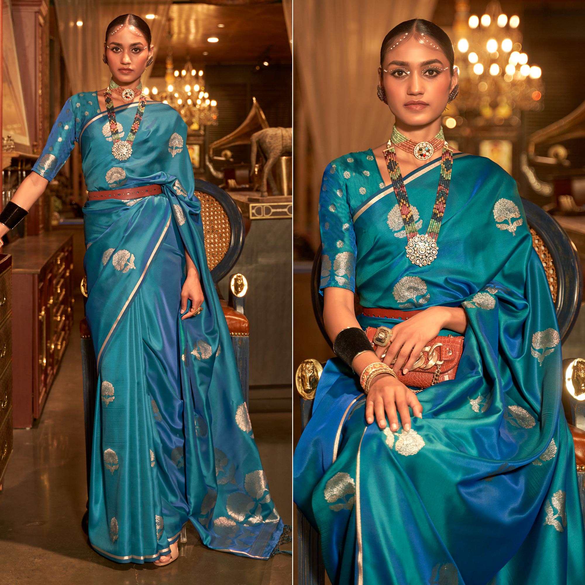 Teal Blue Floral Woven Satin Saree With Tassels