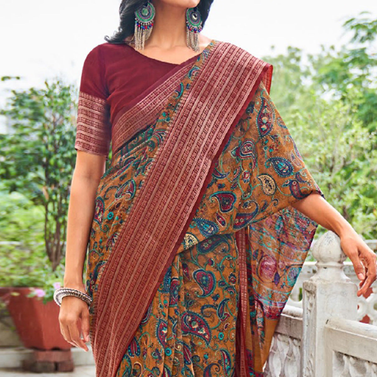 Brown Printed With Woven Border Raw Silk Saree