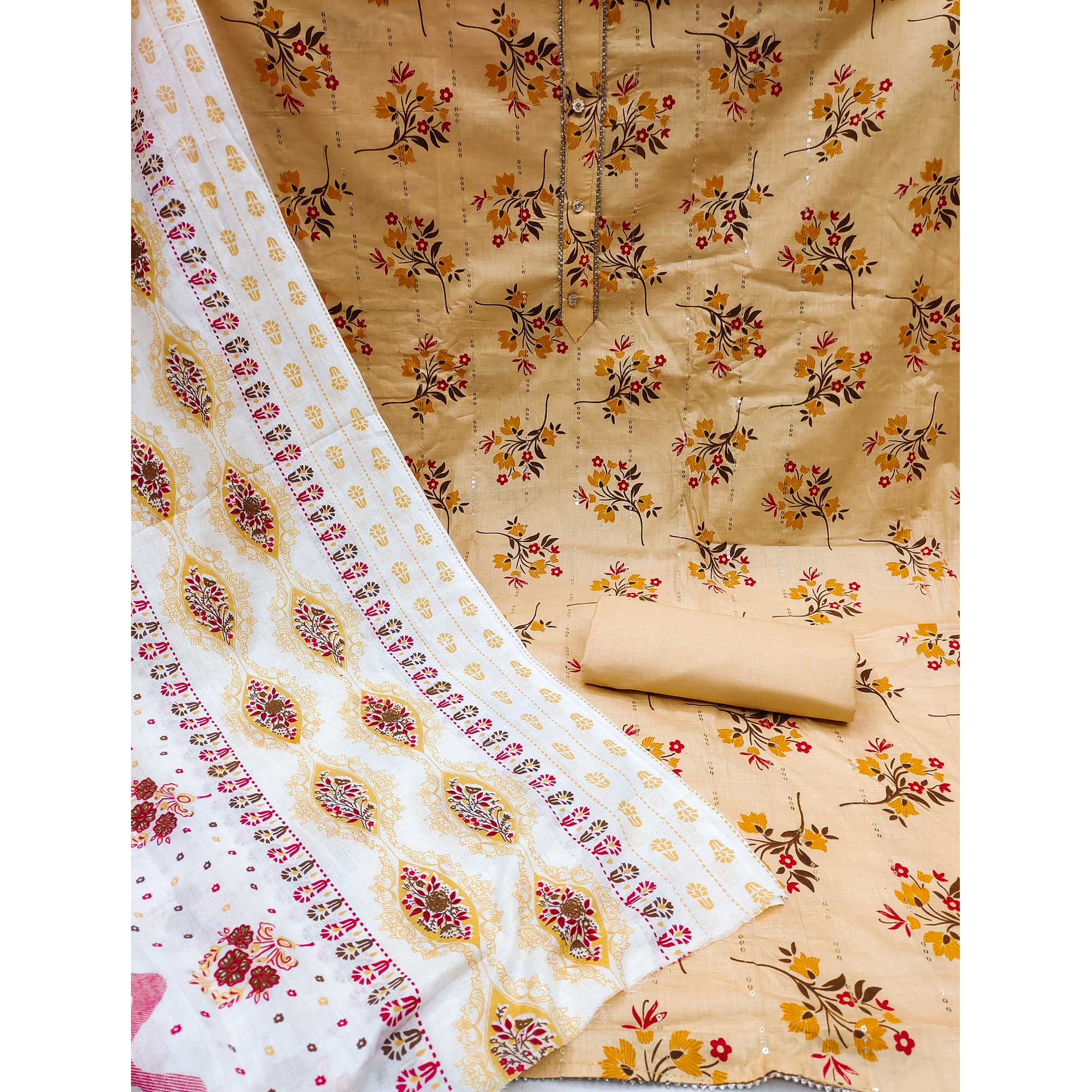 Cream Floral Printed With Embroidered Pure Cotton Dress Material