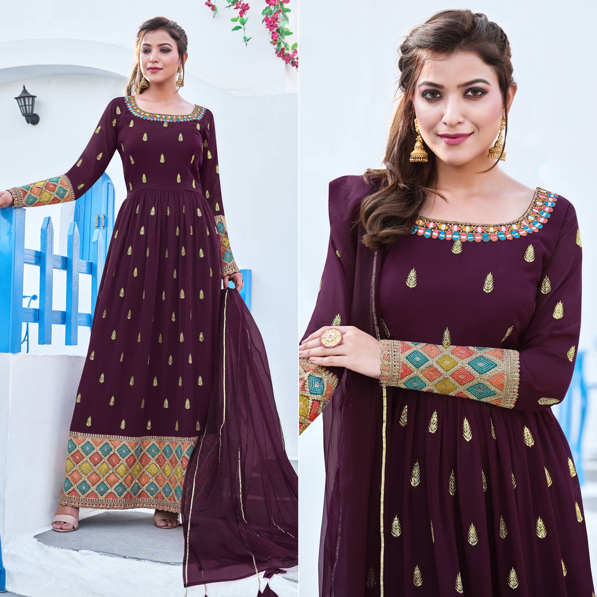 Wine Sequins Embroidered Georgette Naira Cut Suit