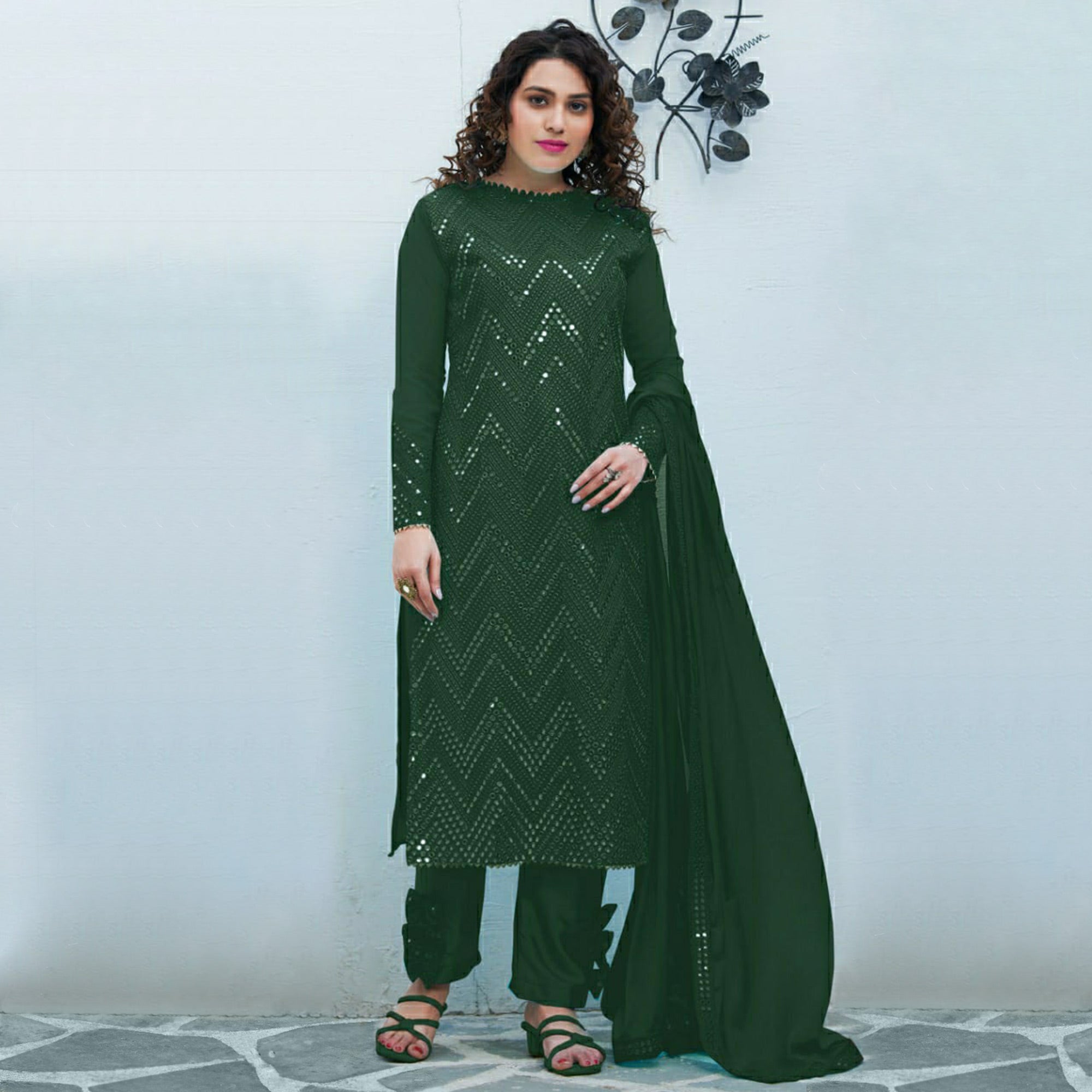 Green Mirror Embroidered Georgette Suit