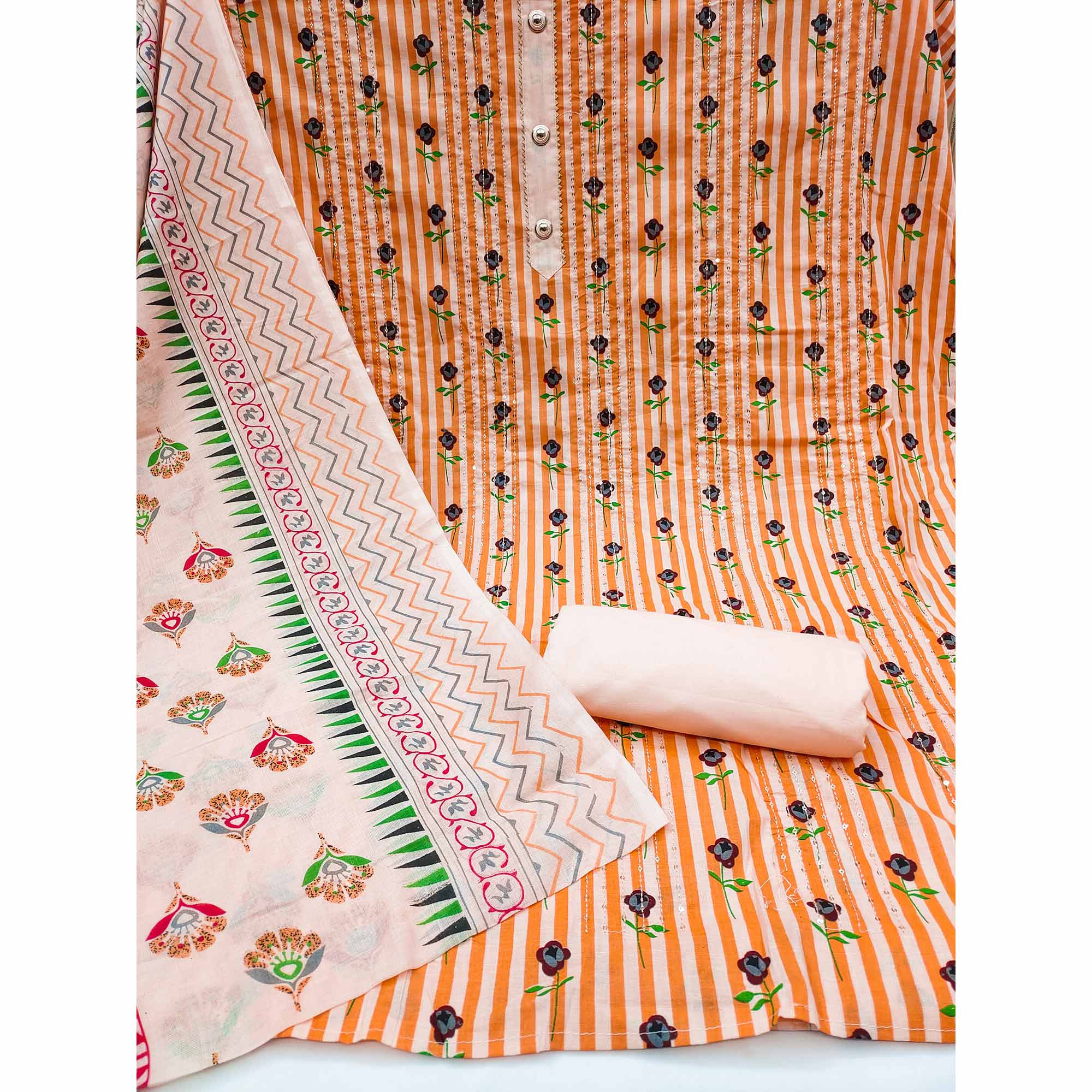 Orange Printed With Sequins Embroidered Pure Cotton Dress Material